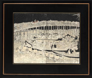 A JAPANESE WOODBLOCK PRINT, 'RIVER FESTIVAL AT NIGHT', 19TH CENTURY: This ukiyo-e woodblock print captures the lively atmosphere of a river festival, illuminated under a starry night sky. The scene is bustling with activity, featuring several boats filled with revelers