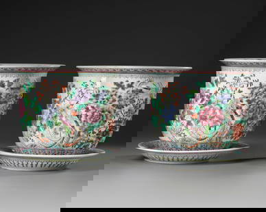 A PAIR OF CHINESE FAMILLE ROSE POTS ON STANDS, 19TH-20TH CENTURY: A Chinese porcelain pot enamels with panels enclosing birds perched amongst different flower blossoming trees above a petal lappet border. Height: 17 cm. Diameter: 20 cm.