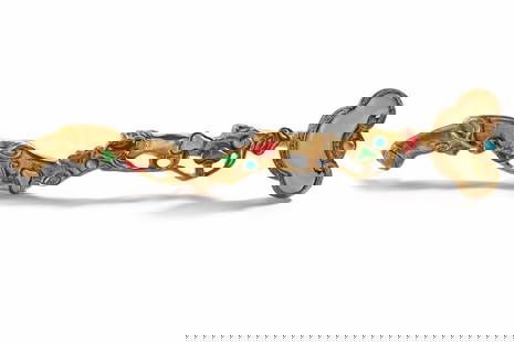 A CHINESE GILT BRONZE SCEPTRE WITH JADE INLAY, 20TH CENTURY: Inlaid Gilt-bronze Ruyi Scepter. Cast in the form of a gnarled ruyi branch entwined with variously colored gem-set stones. Length 26.5 cm.
