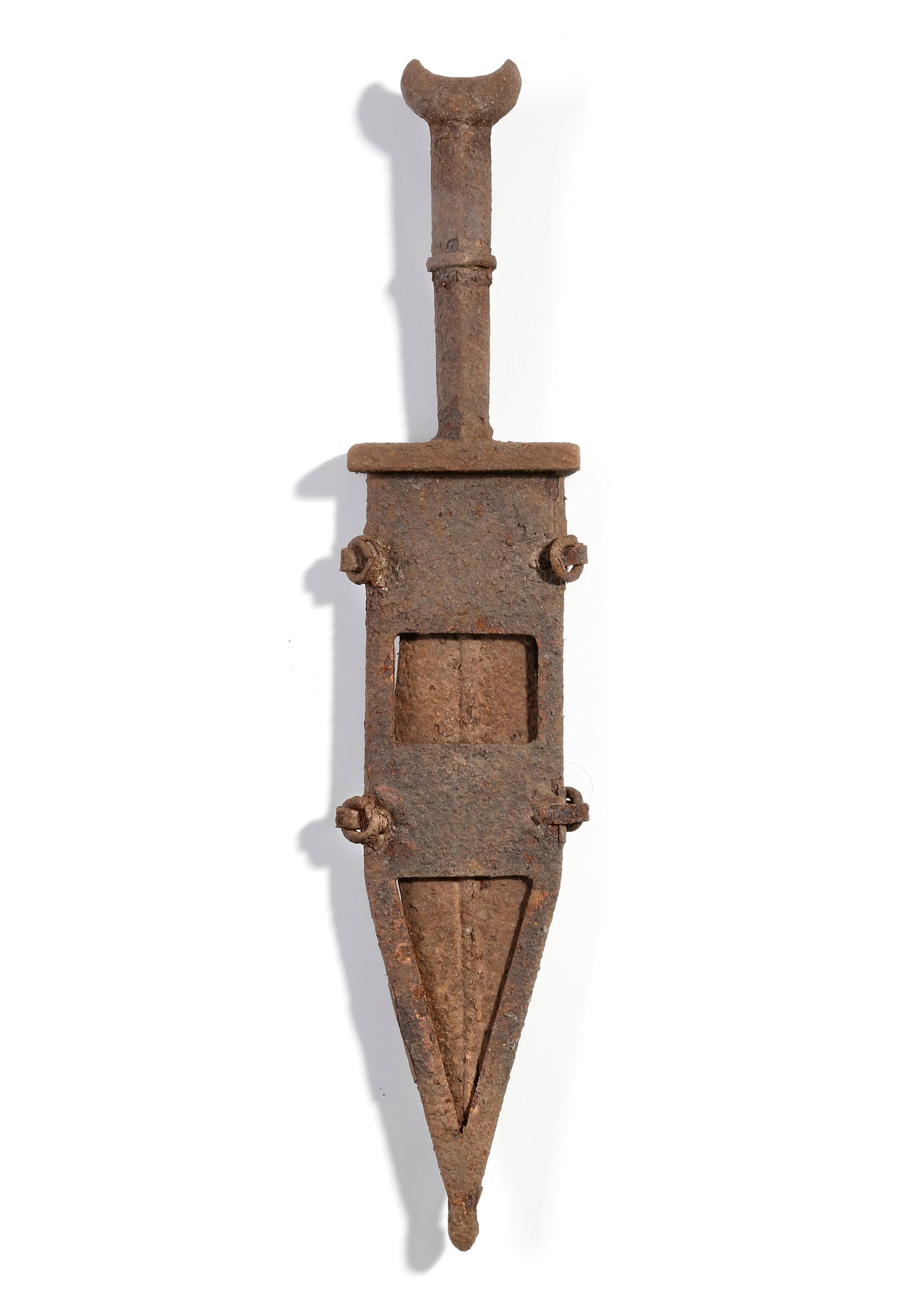 AN IRON PUGLIO OR SHORT DAGGER, ROMAN, 1ST CENTURY AD: A Roman short dagger or puglio made of iron with its sheath intact. The puglio was for use as a secondary weapon or for fighting at close quarters. Iron. Roman 1st.c.A.D. Total length 38 cm. PROVENAN