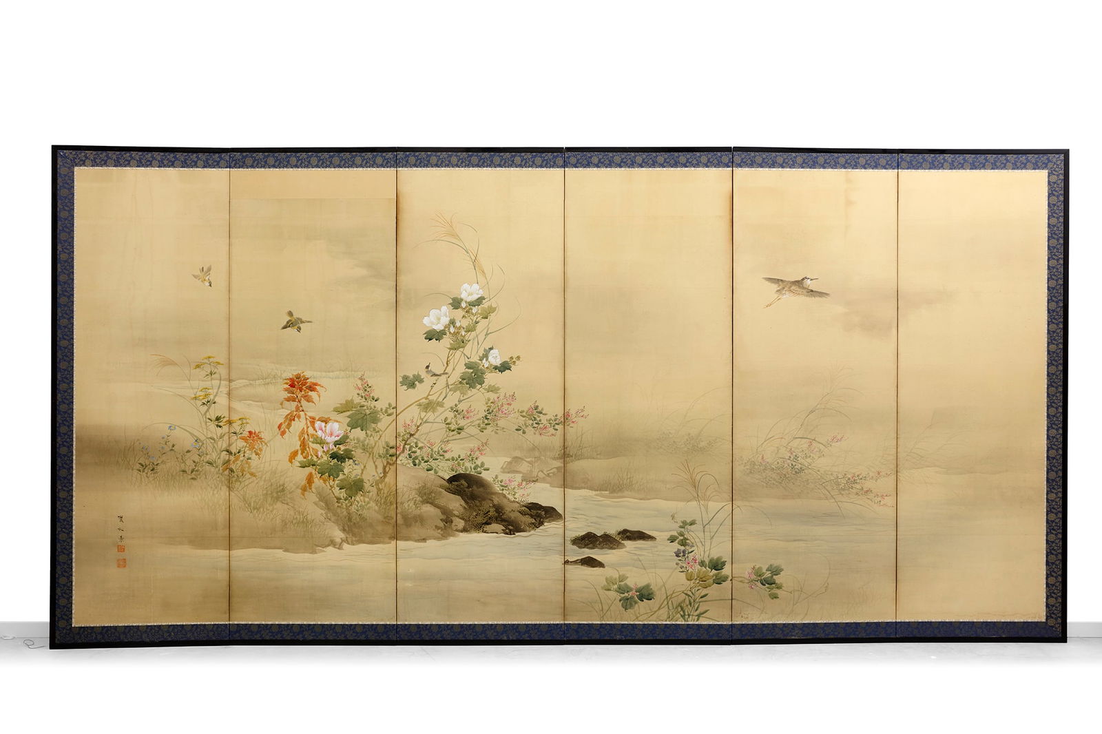 JAPANESE SIX-PANEL SCREEN WITH FLOWERS, BIRDS, AND RIVER LANDSCAPE, MEIJI PERIOD (1868–1912) (1 of 4)