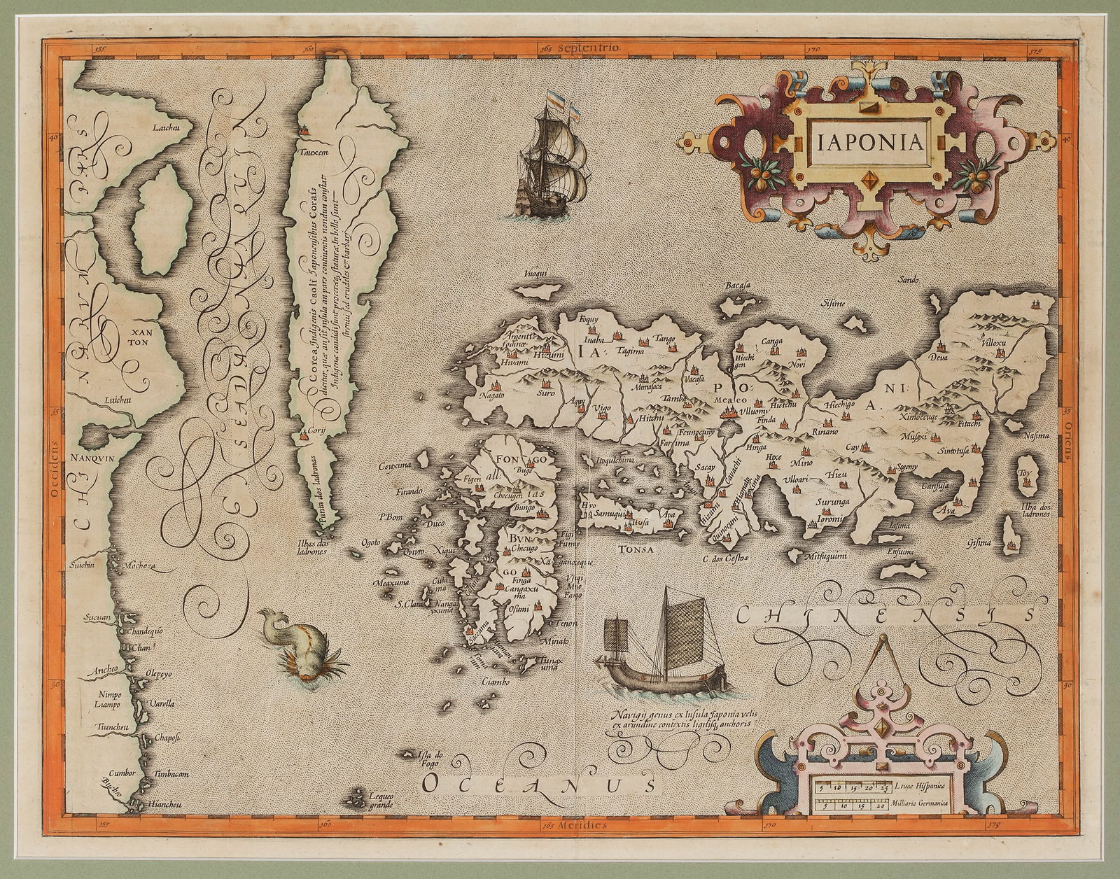 MAP OF IAPONIA, ENGRAVING, CIRCA 1595: Abraham OrteliusA beautifully engraved early map of Japan, from the renowned Theatrum Orbis Terrarum by Abraham Ortelius, one of the first modern world atlases. This map is based on the earlier work o