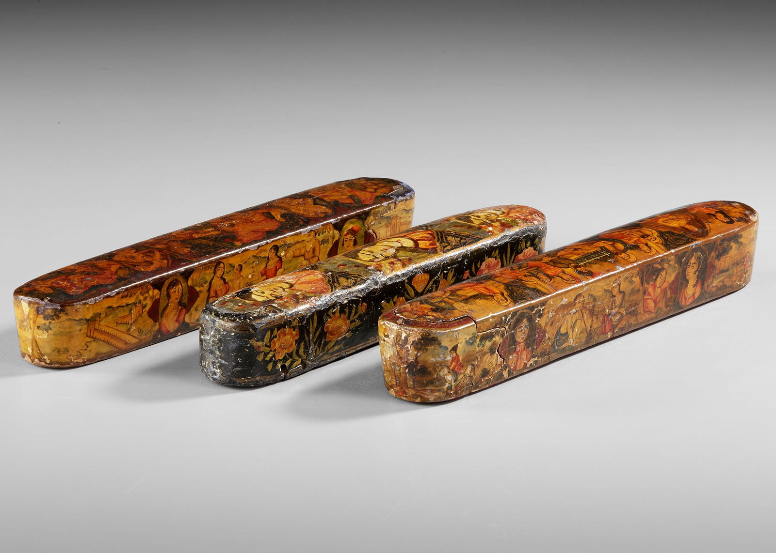 THREE QAJAR LACQUERED PAPIER-MÂCHÉ PEN CASES, PERSIA 19TH CENTURY (1 of 3)