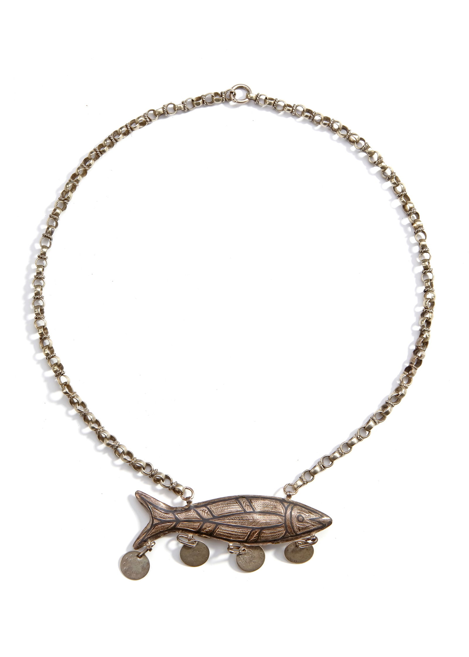 A SILVER PALESTINIAN NECKLACE WITH A FISH, 19TH CENTURY (1 of 2)