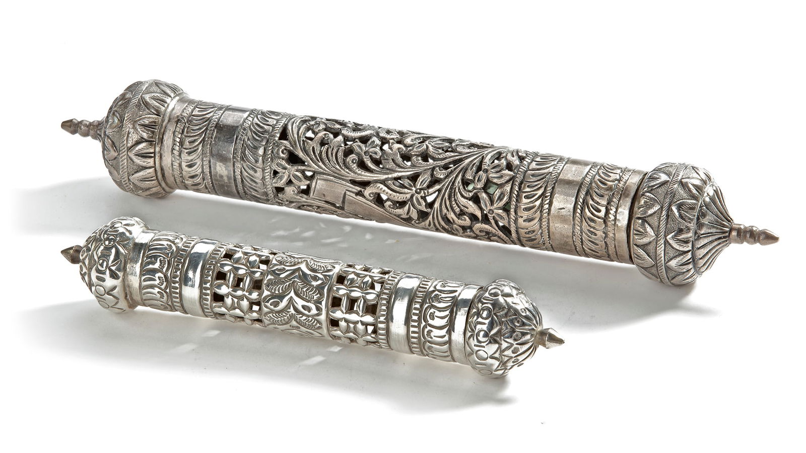 TWO OTTOMAN SILVER PIERCED SCROLL CASES, 19TH CENTURY (1 of 3)