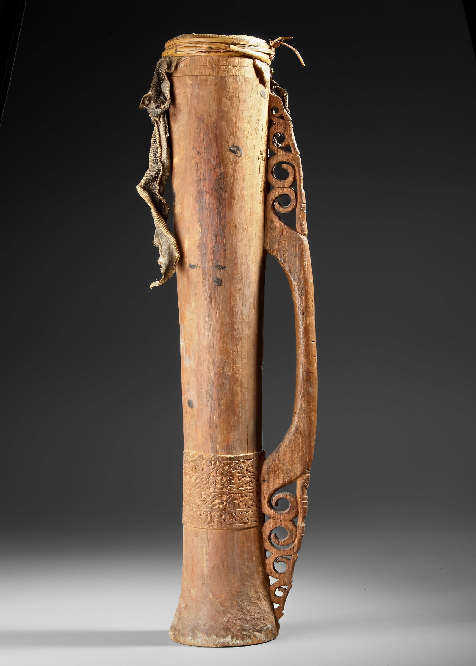 Cenderawasih/Geelvink bay drum. Collected by Jac Hoogerbrugge in the 1950’s.: D. 12 cm. H. 69 cm.