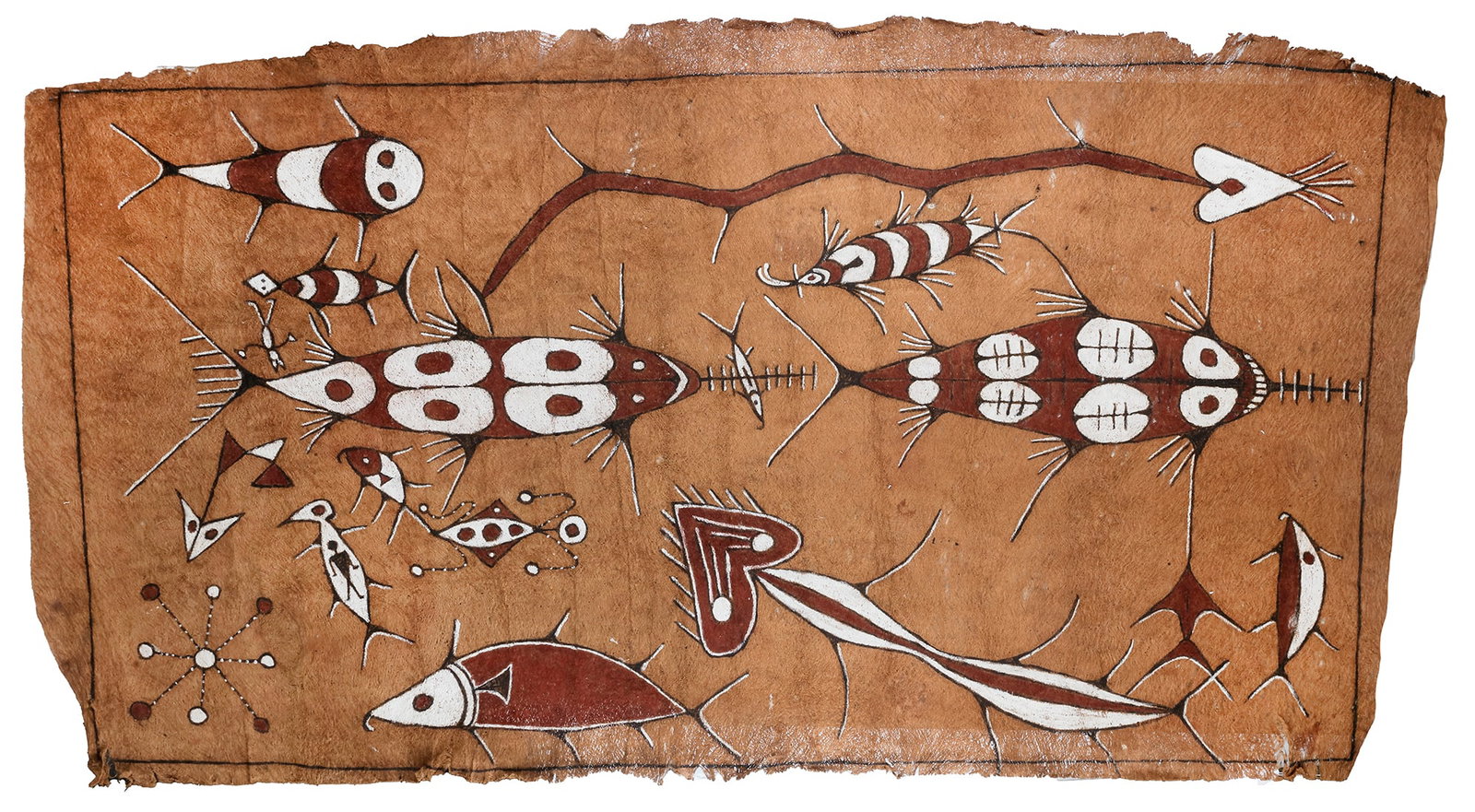 Large Tapa painting collected in the 1960’s or 1970’s by Jac Hoogerbrugge. Probably area: 170 by 92 cm.