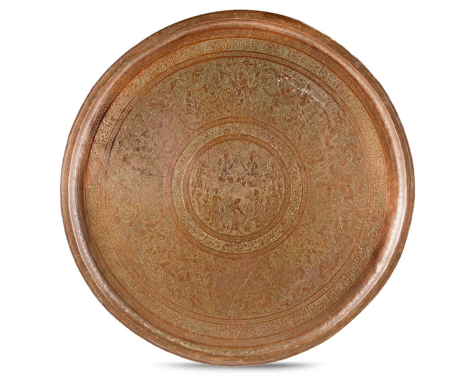 A RED COPPER ENGRAVED TRAY, MADE BY TAGHI PASHOOTAN, PERSIA, LATE 19TH CENTURY (1 of 3)