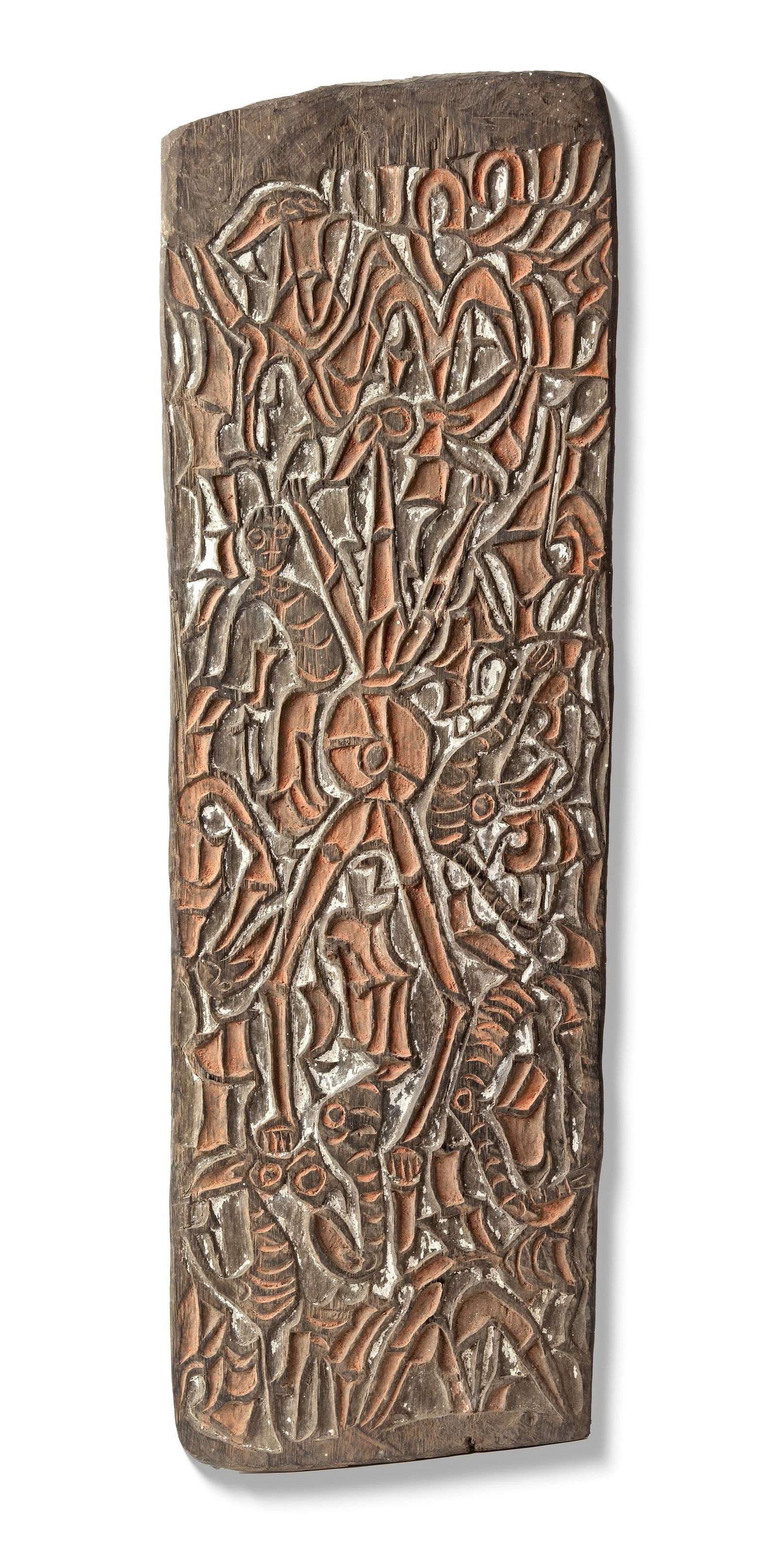 Asmat panel in relief with typical motifs. Collected in the 1970’s by Jac Hoogerbrugge.: 59 by 19 cm.