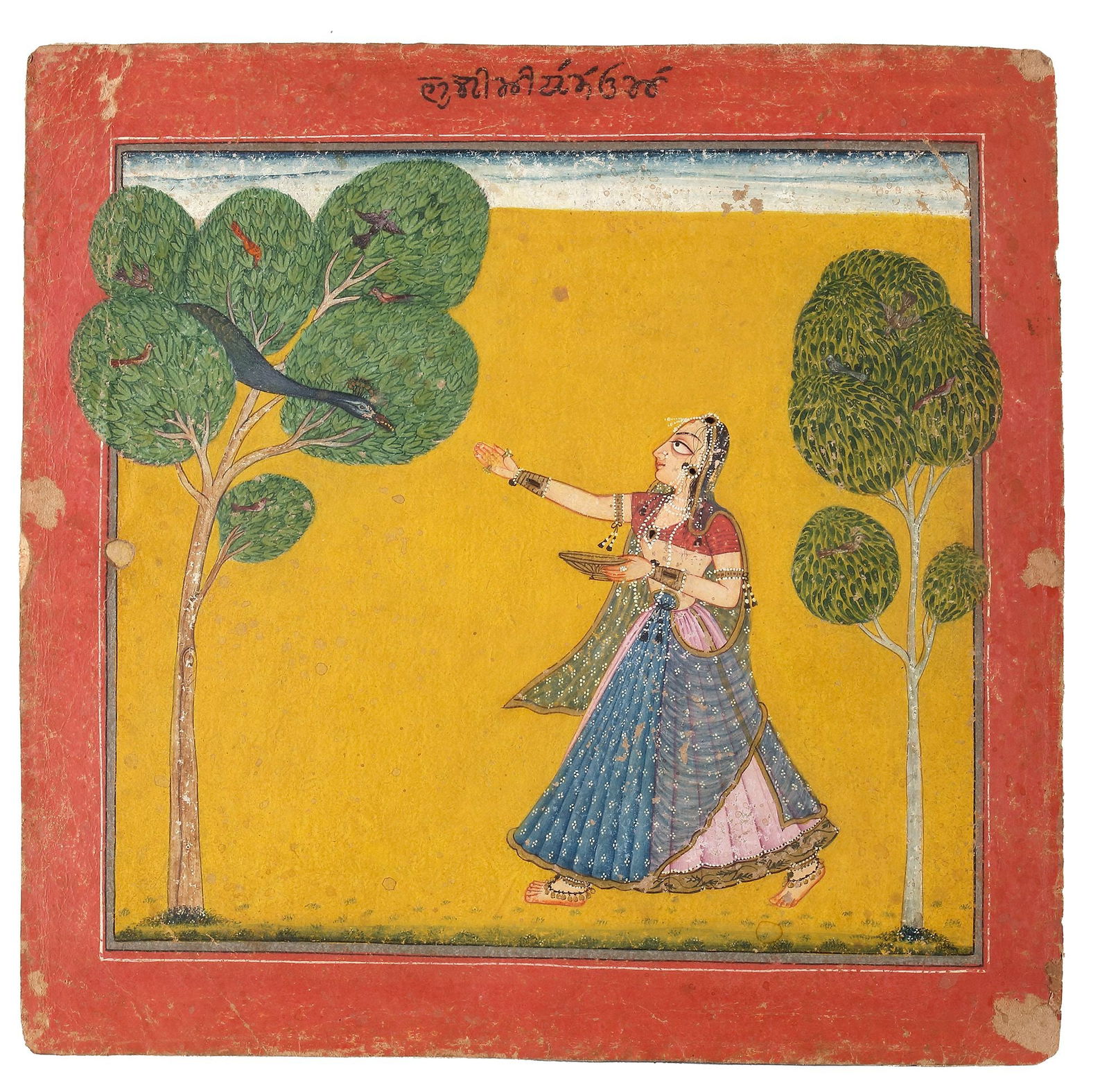 AN ILLUSTRATION TO A RAGAMALA SERIES BASOHLI, NORTH INDIA, CIRCA 1680: Opaque watercolor, gold, and ink on paper. This captivating Basohli painting exemplifies the vibrant and expressive style of the early Pahari school, renowned for its bold use of color, strong outline