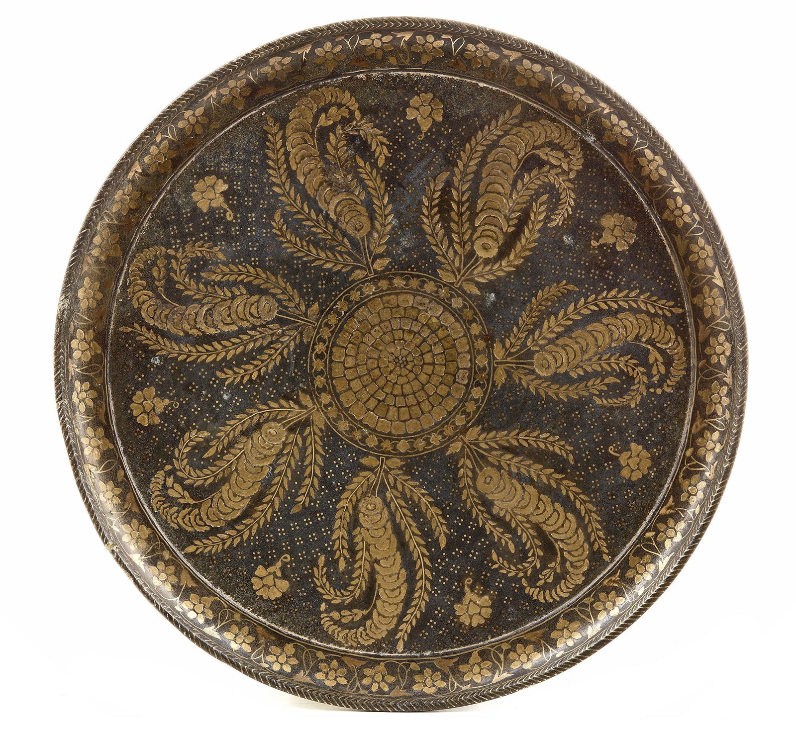 A BRASS-INLAID BIDRI DISH, BIDAR, INDIA, 17TH CENTURY (1 of 2)