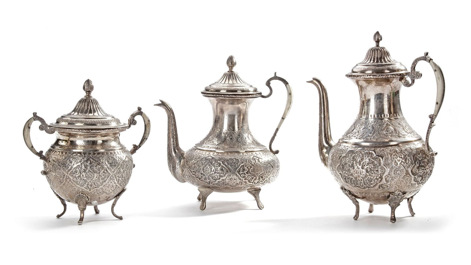 SET OF TWO TEAPOTS AND ONE SUGAR POT, PERSIA , 19th CENTURY (1 of 4)