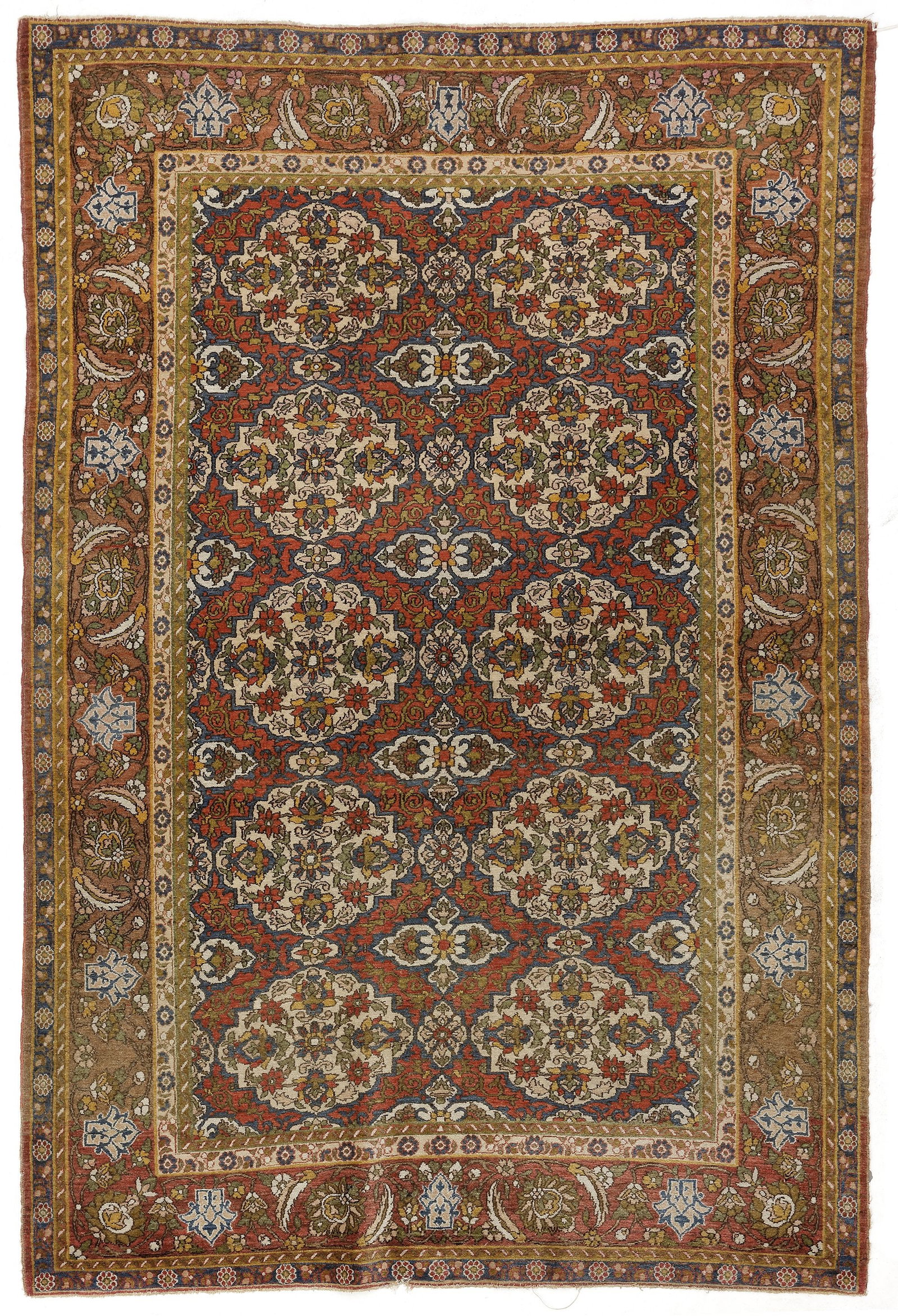 AN ISFAHAN AHMAD RUG: Worn and dirty. 213 by 140 cm.