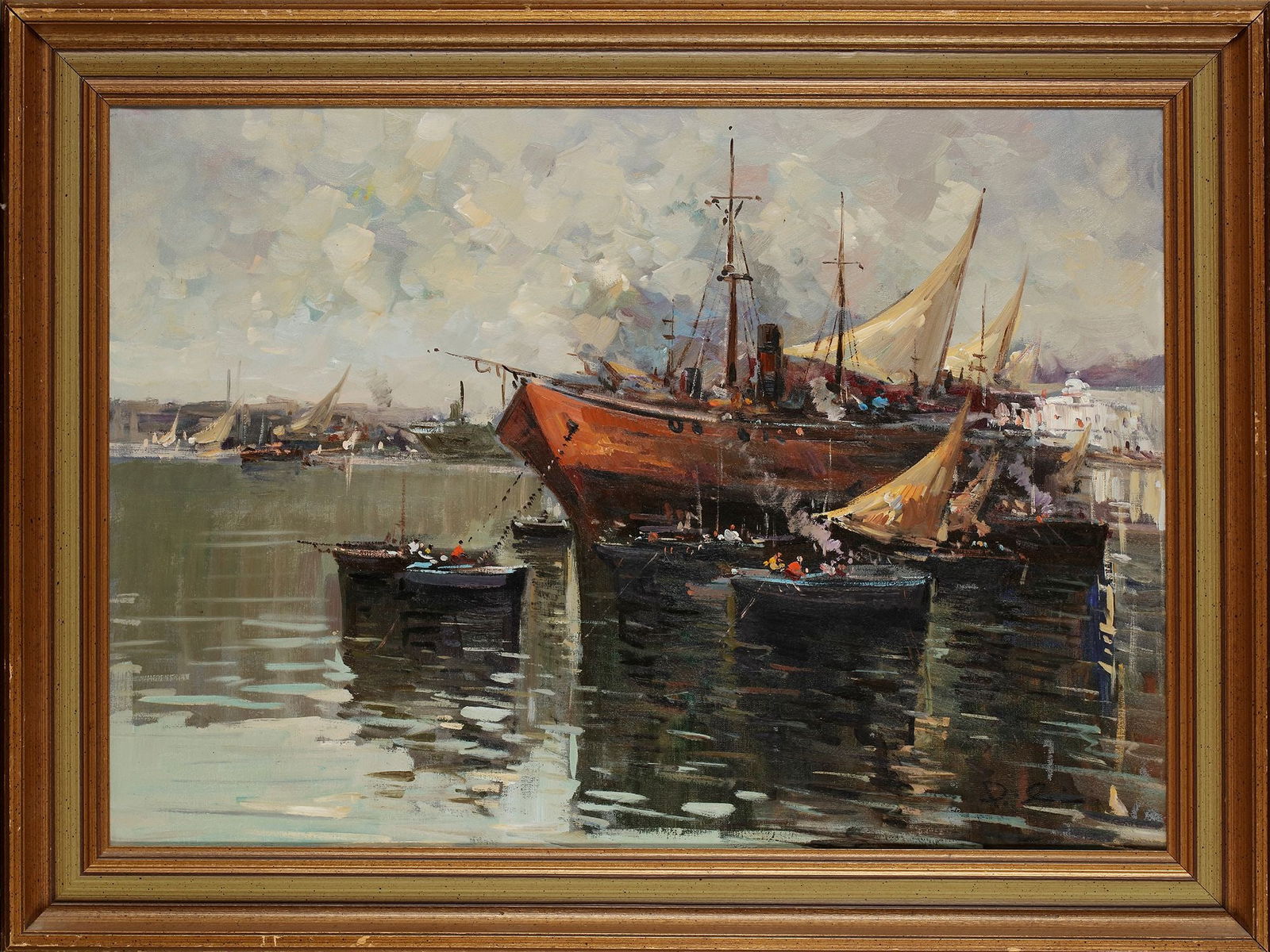 HARBOR SCENE, OIL ON CANVAS: A dynamic harbor scene, featuring a large red-hulled ship docked among smaller boats with sails catching the light. The painting captures the bustling maritime atmosphere, with reflections shimmering