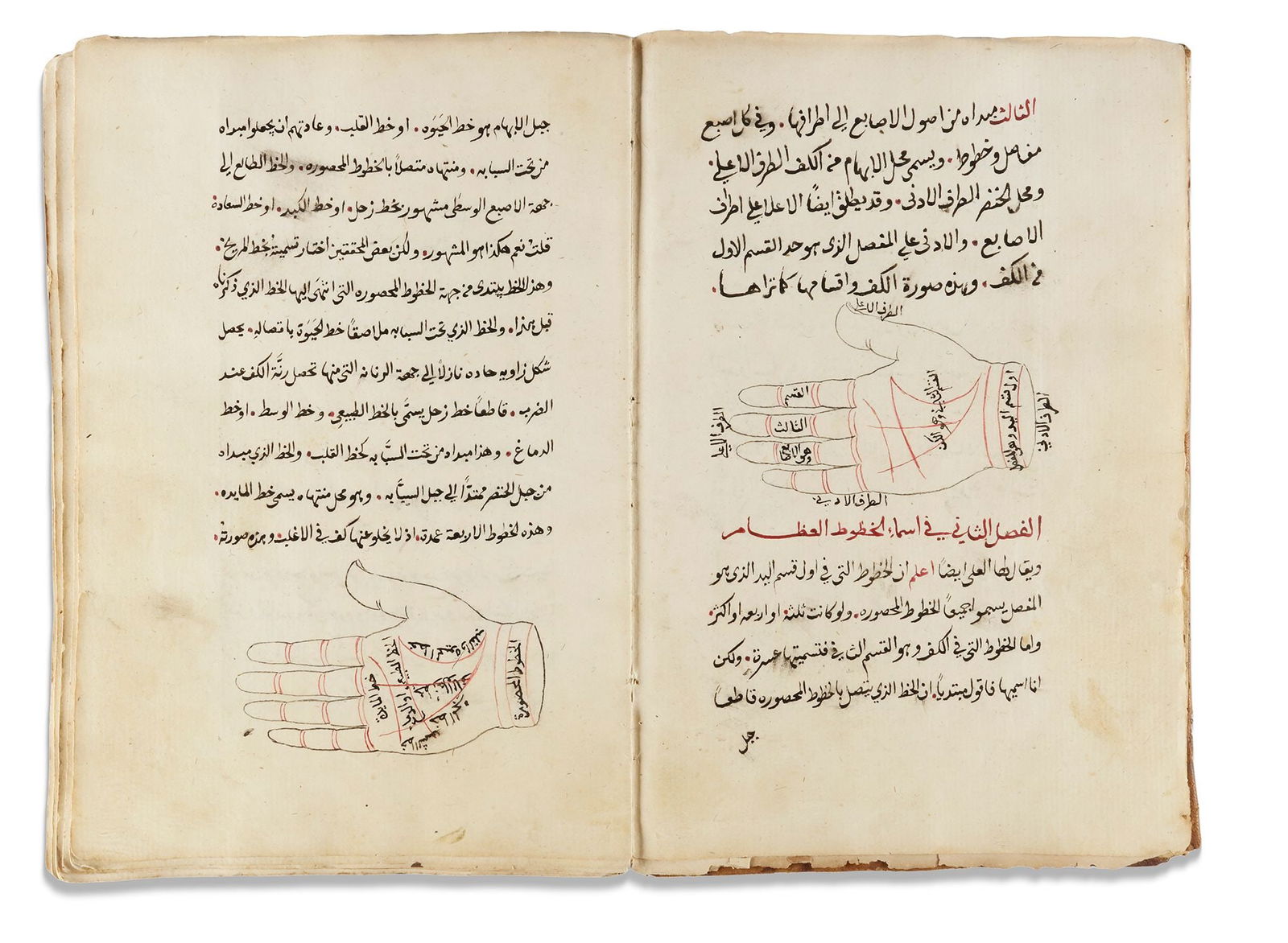 A BOOK IN PALMISTRY, WRITTEN IN 1250 AH/1834 AD: Arabic manuscript in paper, each page with 15 lines written in black naskh script, titles and catchwords in red ink, 6 hand illustrations with explanations, tables with notes and drawings. In brown le