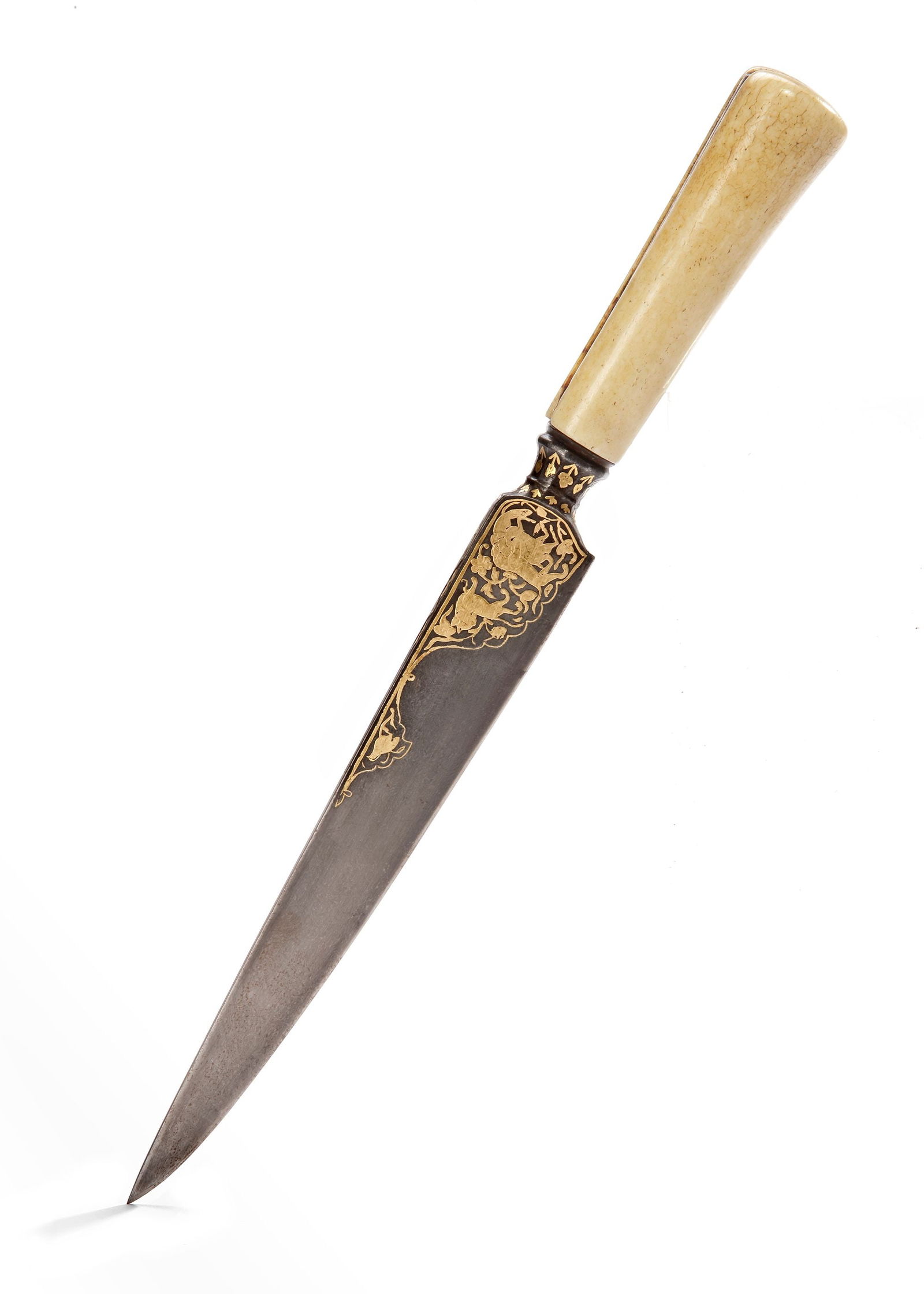 A SAFAVID GILT DECORATED DAGGER, PERSIA, 17TH CENTURY: The watered steel blade with thickened spine, central ridge with raised lobed cartouches, the blade and spine gilt decorated with fighting animals, the join with single gilt flowers. Length: 41 cm.