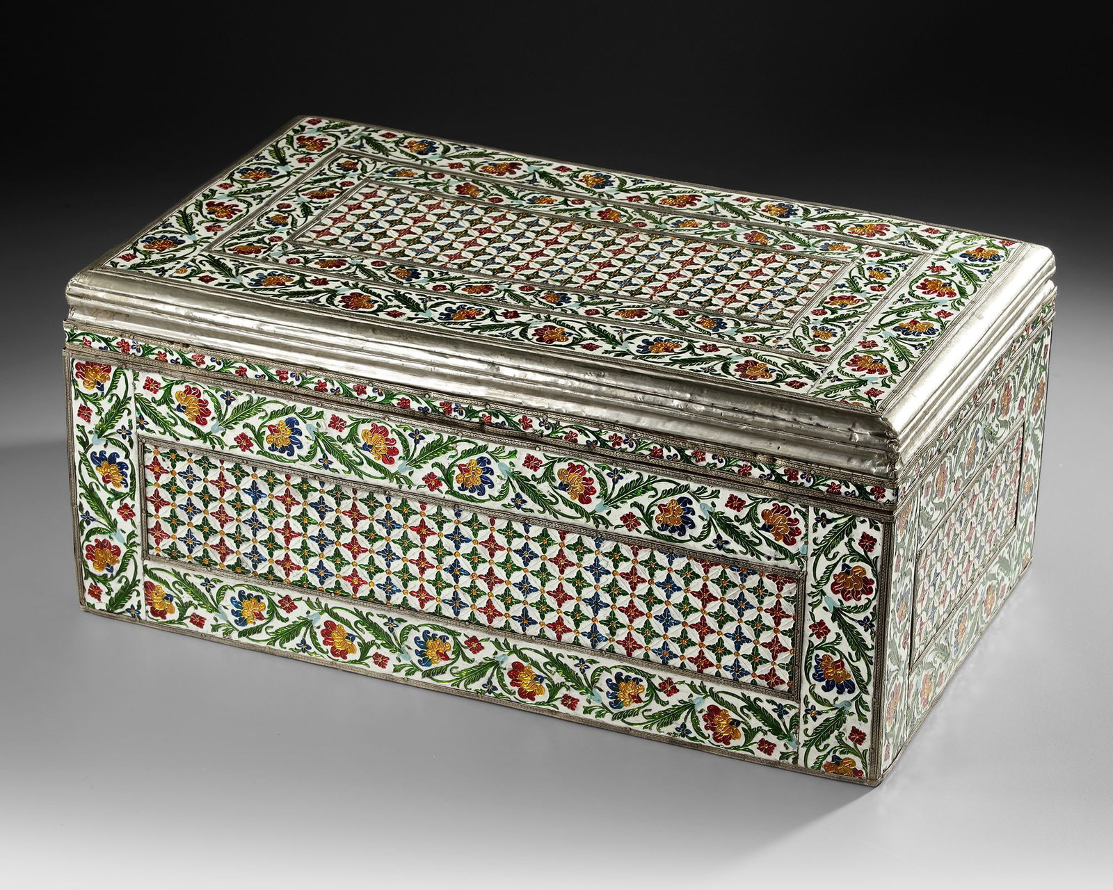 A LARGE ENAMEL AND METAL-DECORATED WOODEN WRITING BOX INDIA, JAIPUR, 19TH-20TH CENTURY (1 of 5)