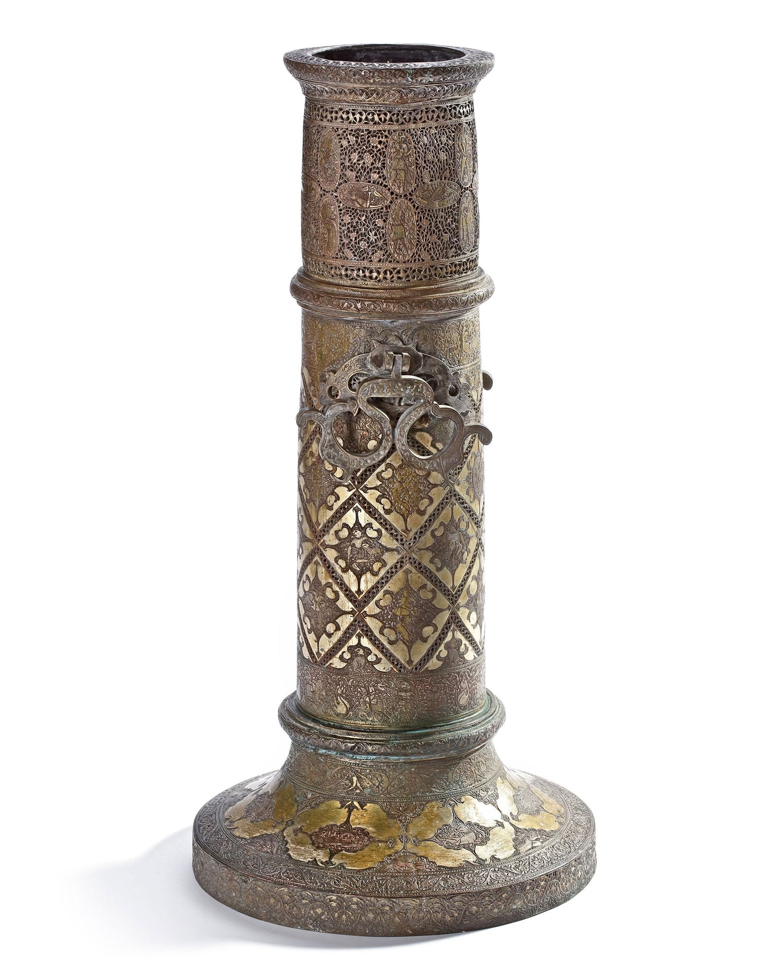 A LARGE ENGRAVED BRASS TORCH STAND, PERSIA, 19TH CENTURY (1 of 9)