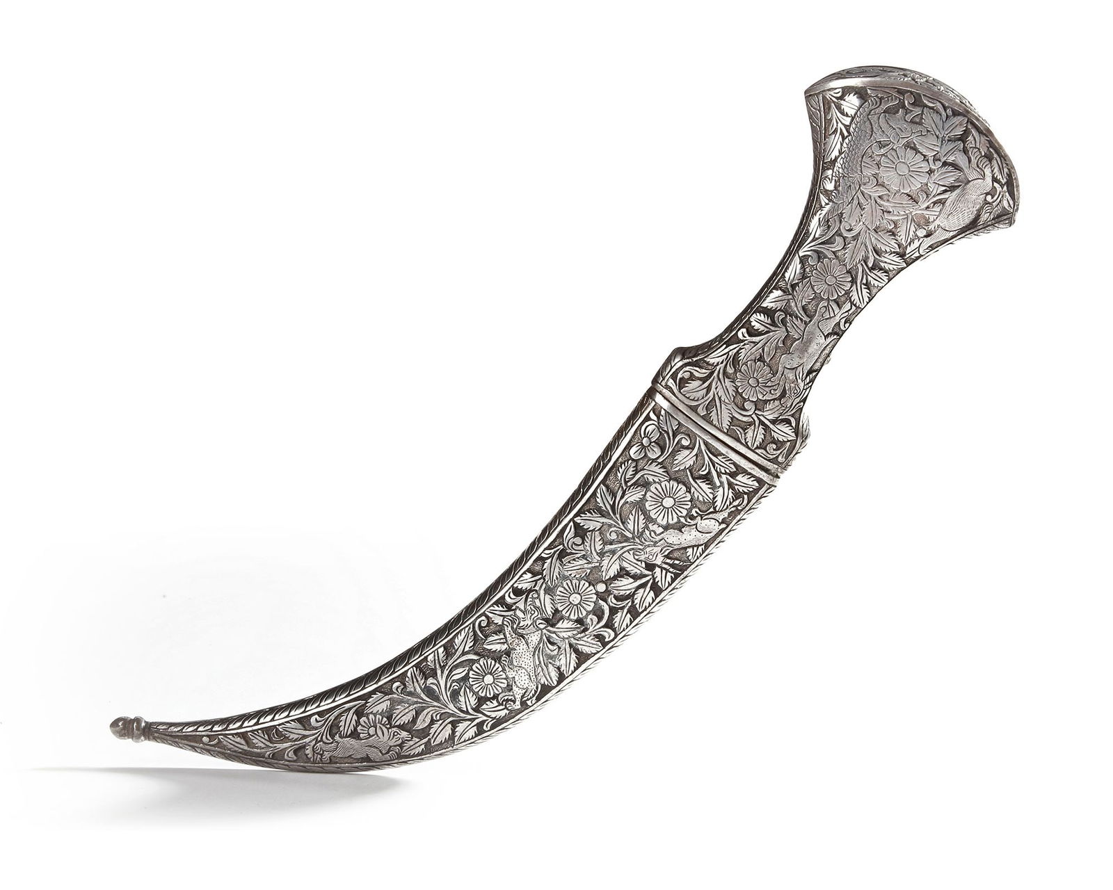 A MUGHAL DAGGER, INDIA, 19TH CENTURY: With a simple curving double-edged tapering watered steel blade, the silver-plated hilt and scabbard richly engraved with animals in hunting scenes amidst flower heads and foliage.Â Length: 33 cm.