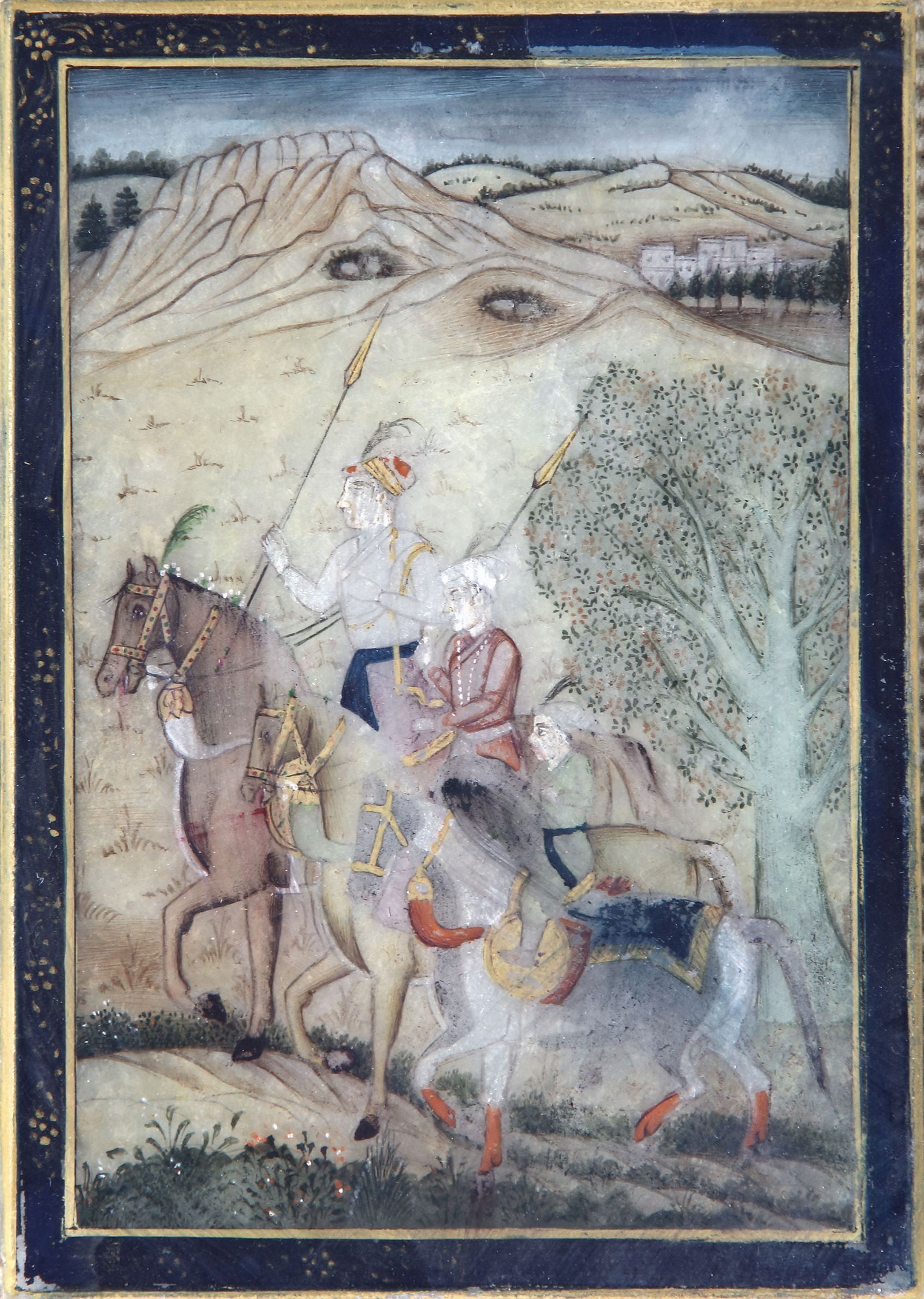 THE THREE YOUNGER SONS OF SHAH JAHAN SHAH, AURANGZEB AND MURAD BAKHSH HAWKING IN A LANDSCAPE,: Opaque watercolor and gold on marble. Painting: 11 by 7.5 cm. Including frame 32 by 27 cm.