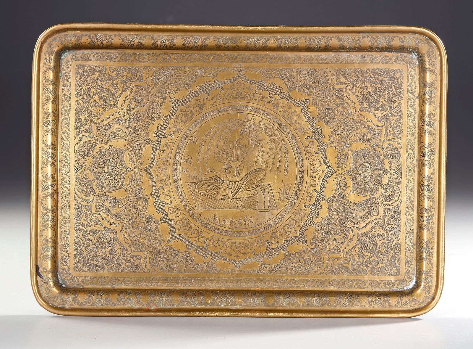 A QAJAR ENGRAVED BRASS TRAY, PERSIA 19TH CENTURY (1 of 4)