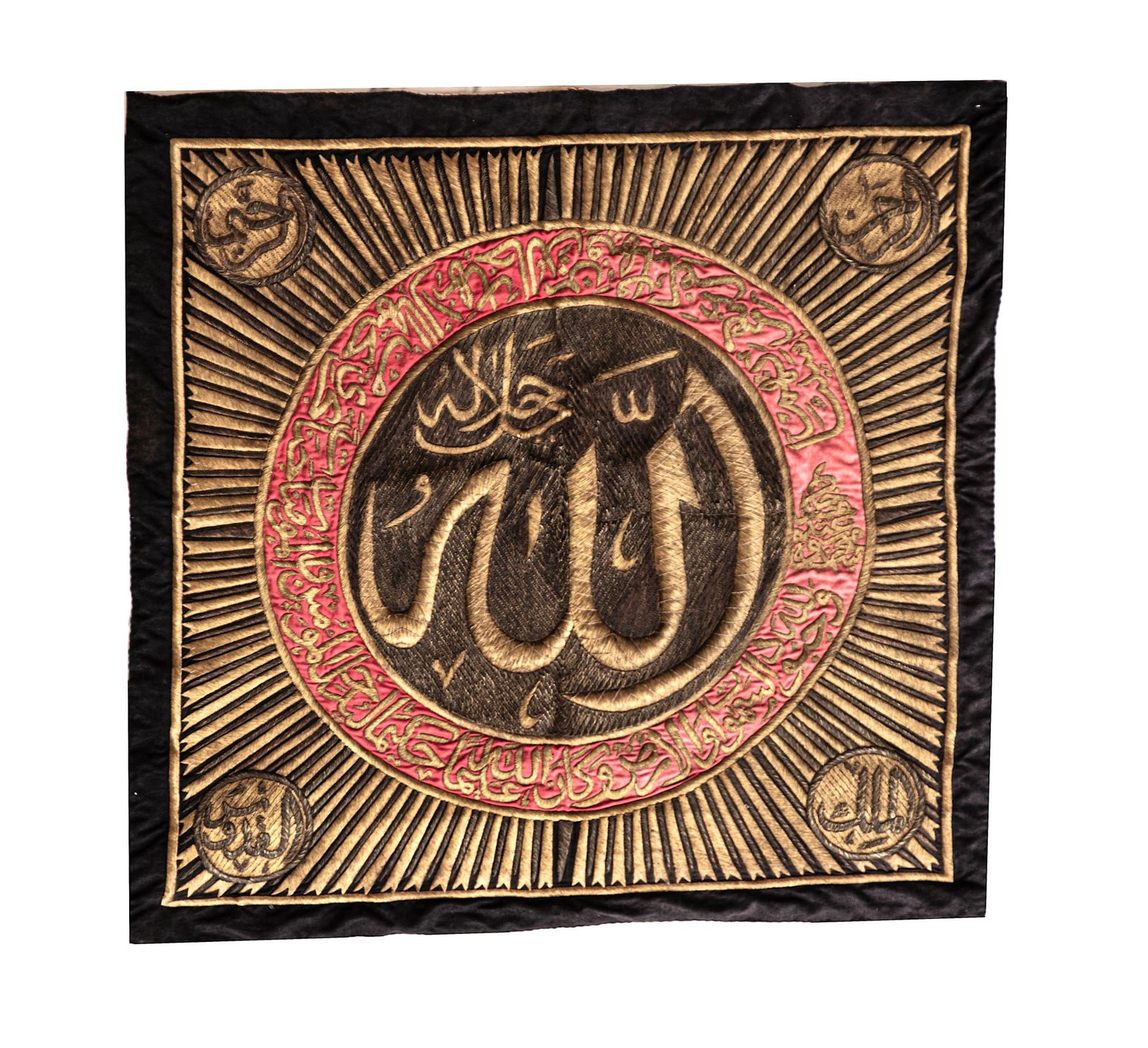 AN OTTOMAN METAL-THREAD TEXTILE PANEL WITH THE NAME OF ALLAH, TURKEY, 19TH CENTURY: A silk panel embroidered with gilt and silver metal threads in relief with a central medallion featuring Allah in a large thuluth script encircled by a calligraphic red silk band, radiating rays and