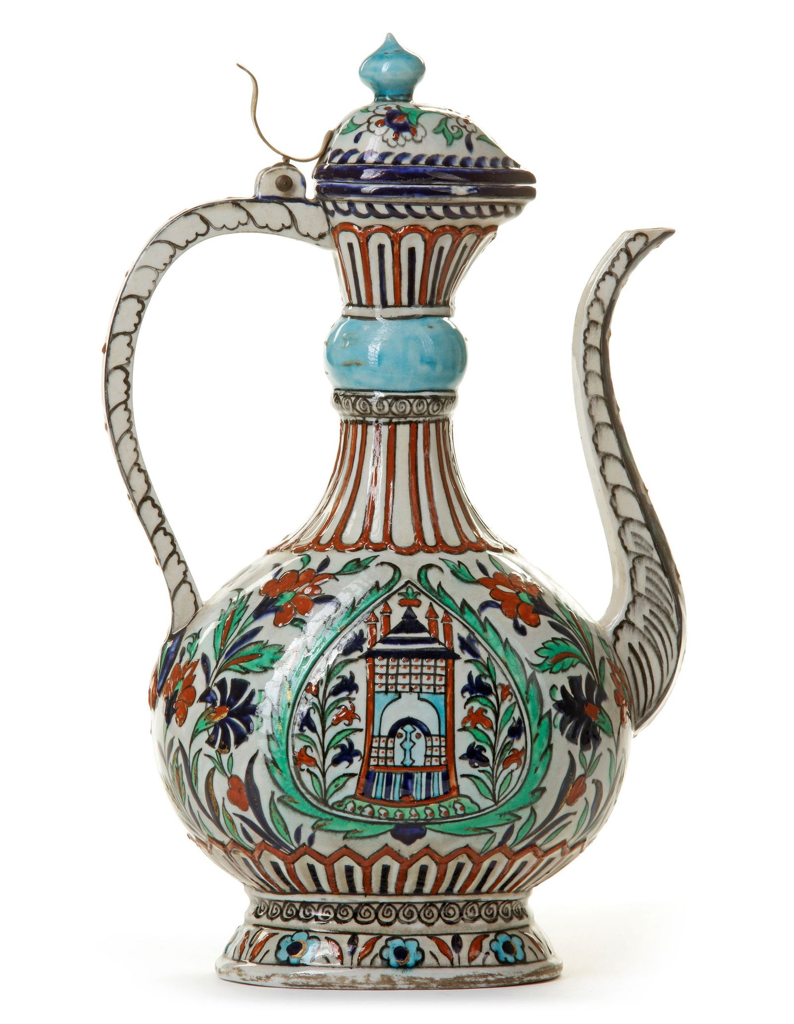 AN IZNIK-STYLE POTTERY EWER, FRANCE, 19TH CENTURY: With rounded body rising from short flared foot, the long neck with pronounced turquoise central boss, s-shaped spout and simple loop handle linking body and neck, with separate lid with knop finial