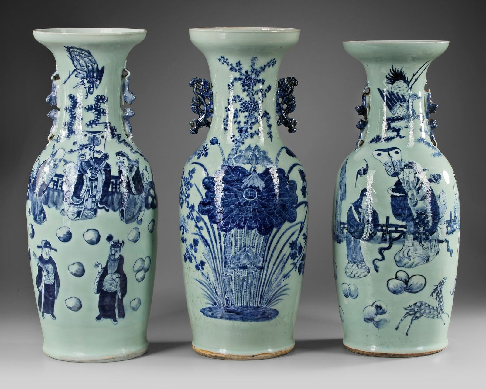 THREE LARGE CHINESE CELADON GROUND BLUE AND WHITE DECORATED VASES, 19TH CENTURY (1 of 4)