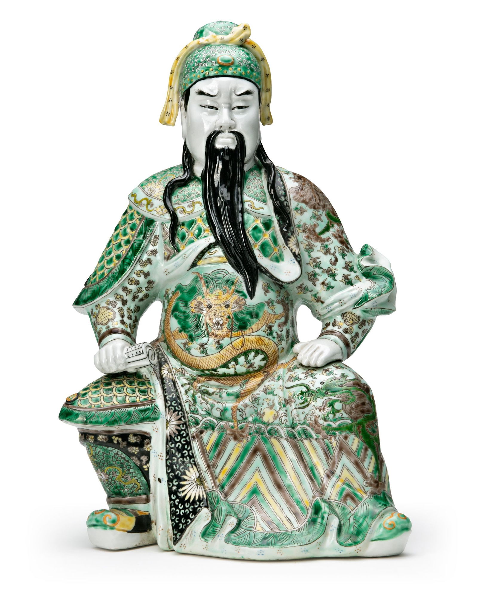 A CHINESE FAMILLE VERTE BISCUIT FIGURE OF GUANDI, 19TH-20TH CENTURY (1 of 5)