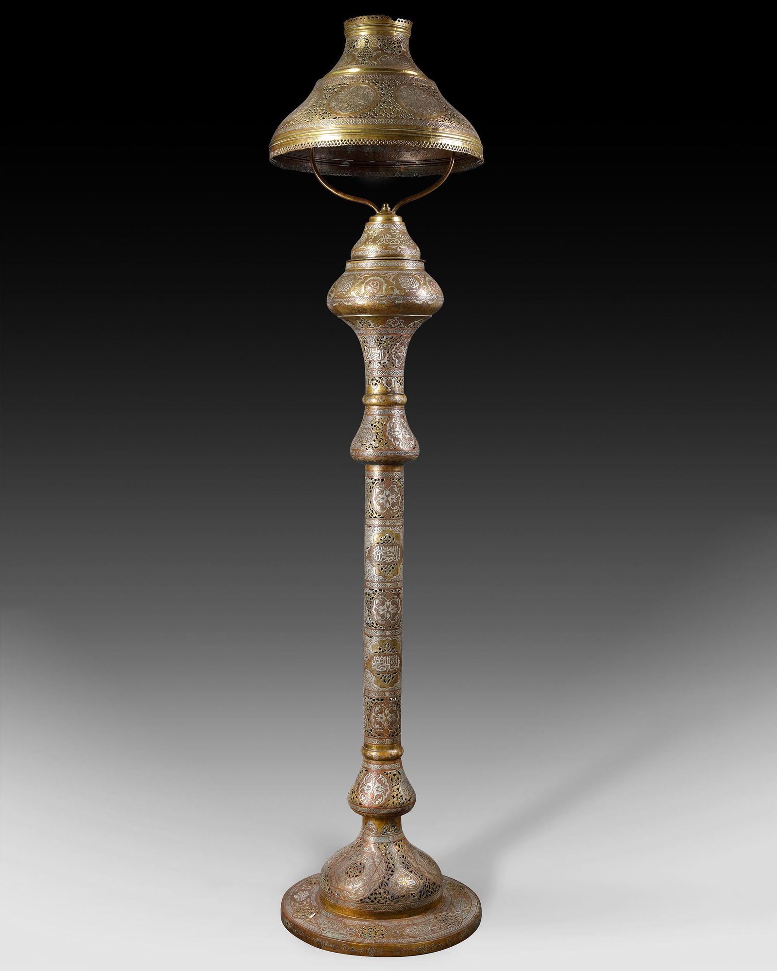 A LARGE ISLAMIC SILVER AND COPPER INLAID LAMP, 19TH CENTURY (1 of 4)