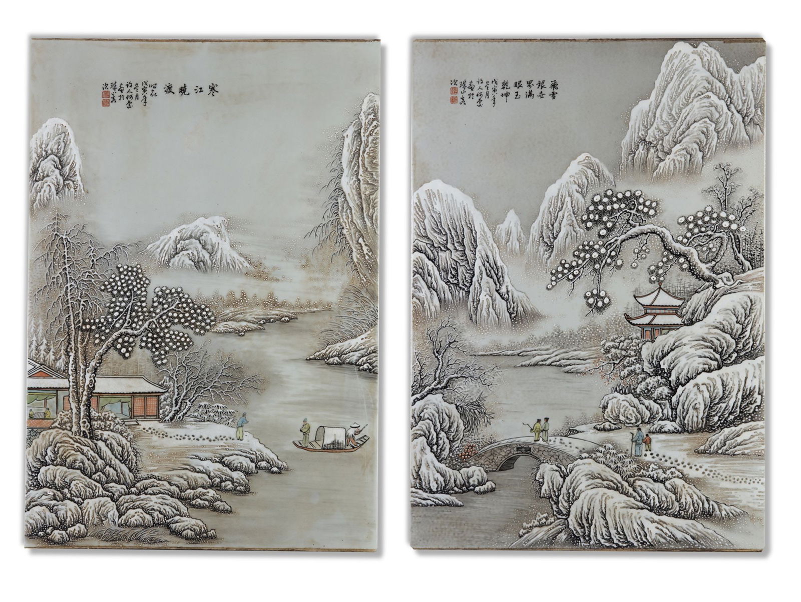 TWO LARGE CHINESE ENAMELED 'SNOWSCENE' PLAQUES, 20TH CENTURY (1 of 2)