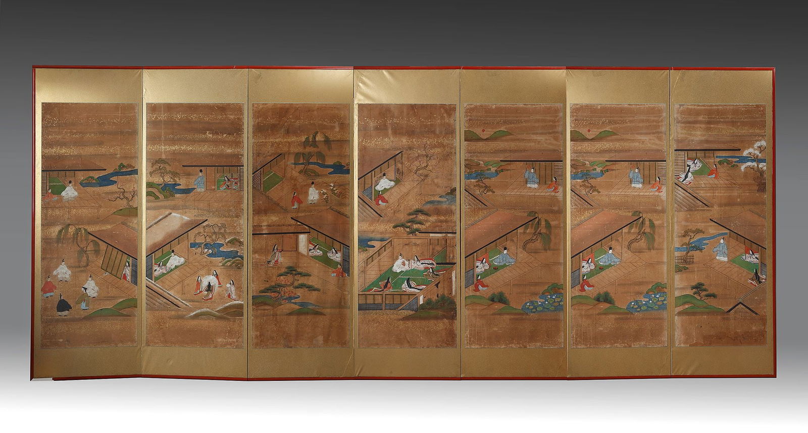 A JAPANESE SIX-PANEL BYOBU SCREENS WITH SCENES FROM THE TALE OF GENJI, EDO PERIOD (1603-1868) (1 of 9)