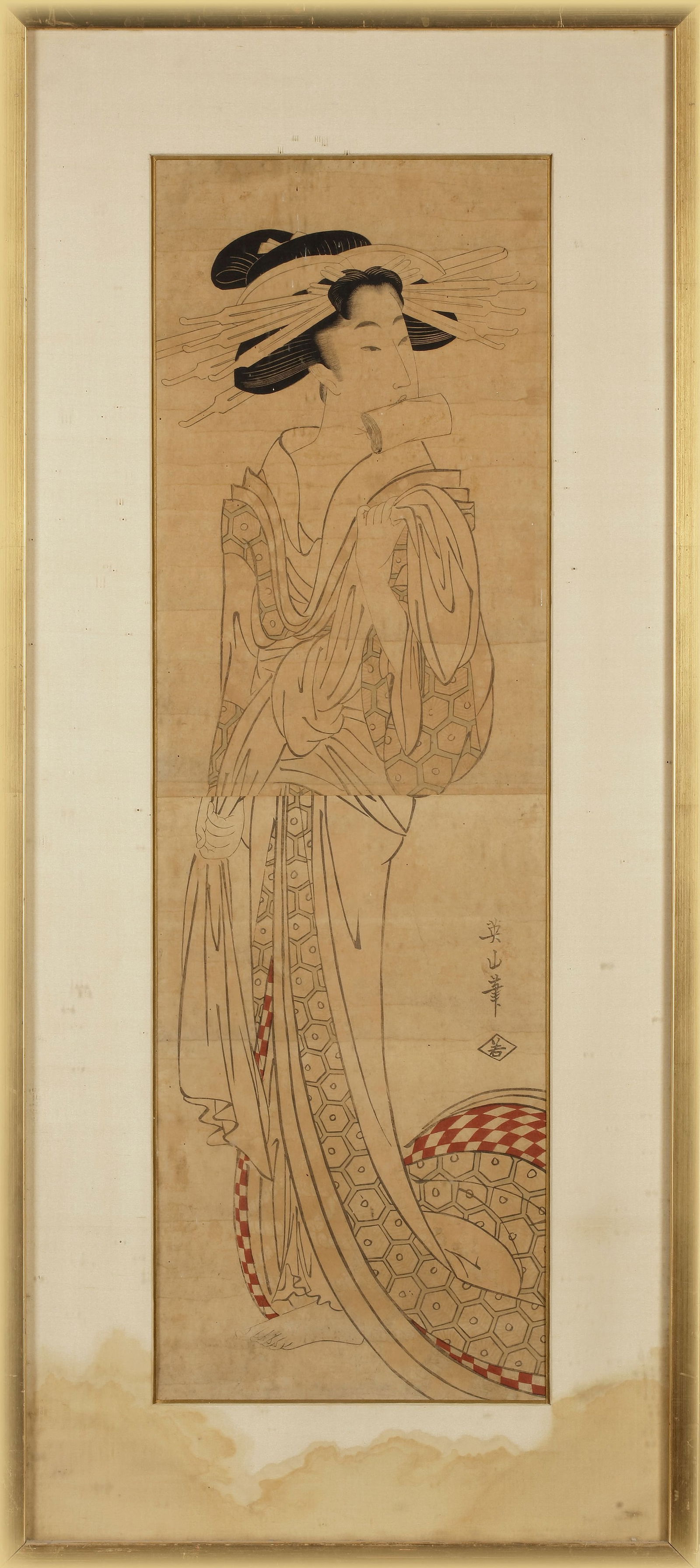A JAPANESE WOODBLOCK PRINT OF AN ELEGANT GEISHA: A delicate ukiyo-e woodblock print depicting a graceful geisha dressed in an intricately patterned kimono. The figureâ€™s poised stance, elaborate hair ornaments, and subtle expression reflect