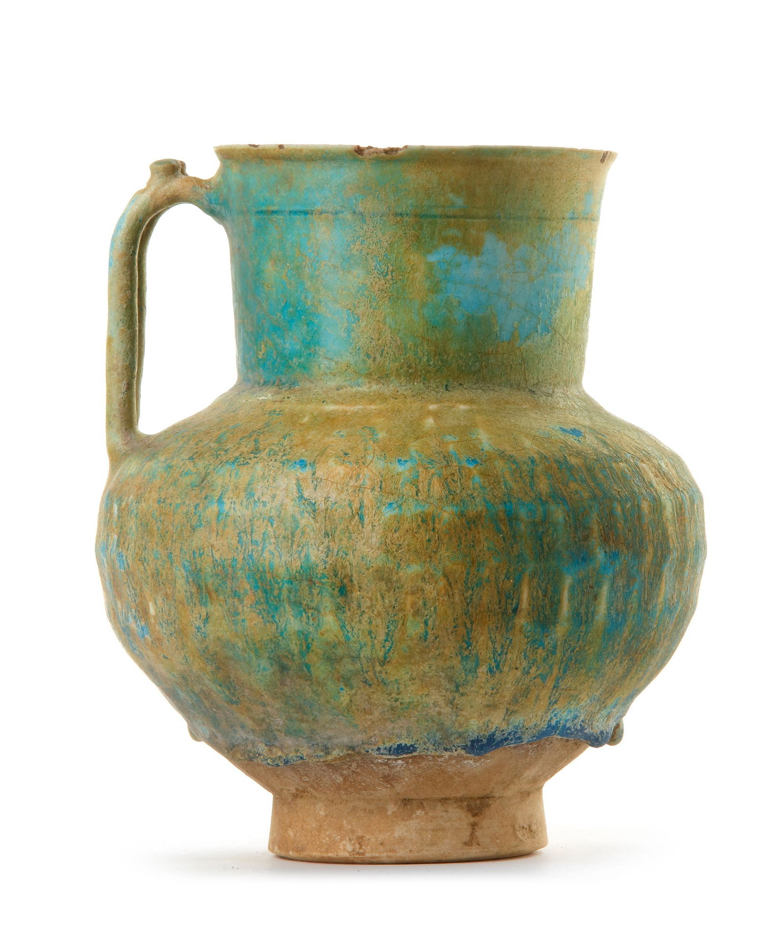 AN IRIDESCENT TURQUOISE BLUE GLAZED POTTERY JUG, KASHAN, 12TH CENTURY (1 of 5)