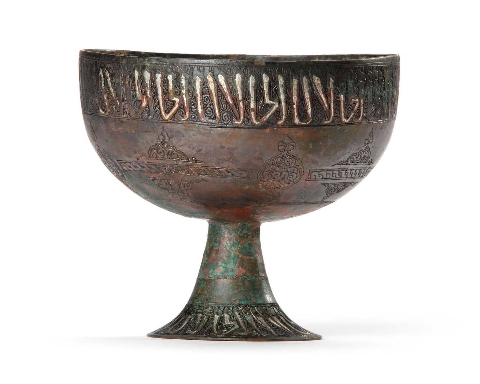A SILVER-INLAID BRONZE FOOTED BOWL, PERSIA KHORASSAN, 12TH-13TH CENTURY (1 of 6)