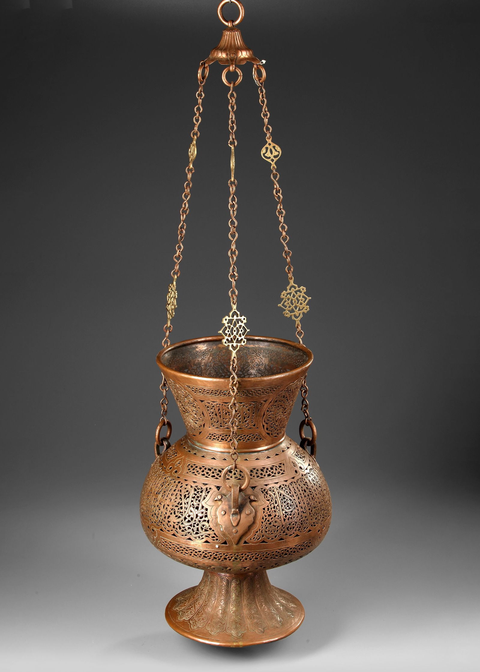 A MAMLUK-STYLE PIERCED BRASS MOSQUE LAMP, SYRIA OR EGYPT, 19TH CENTURY (1 of 4)