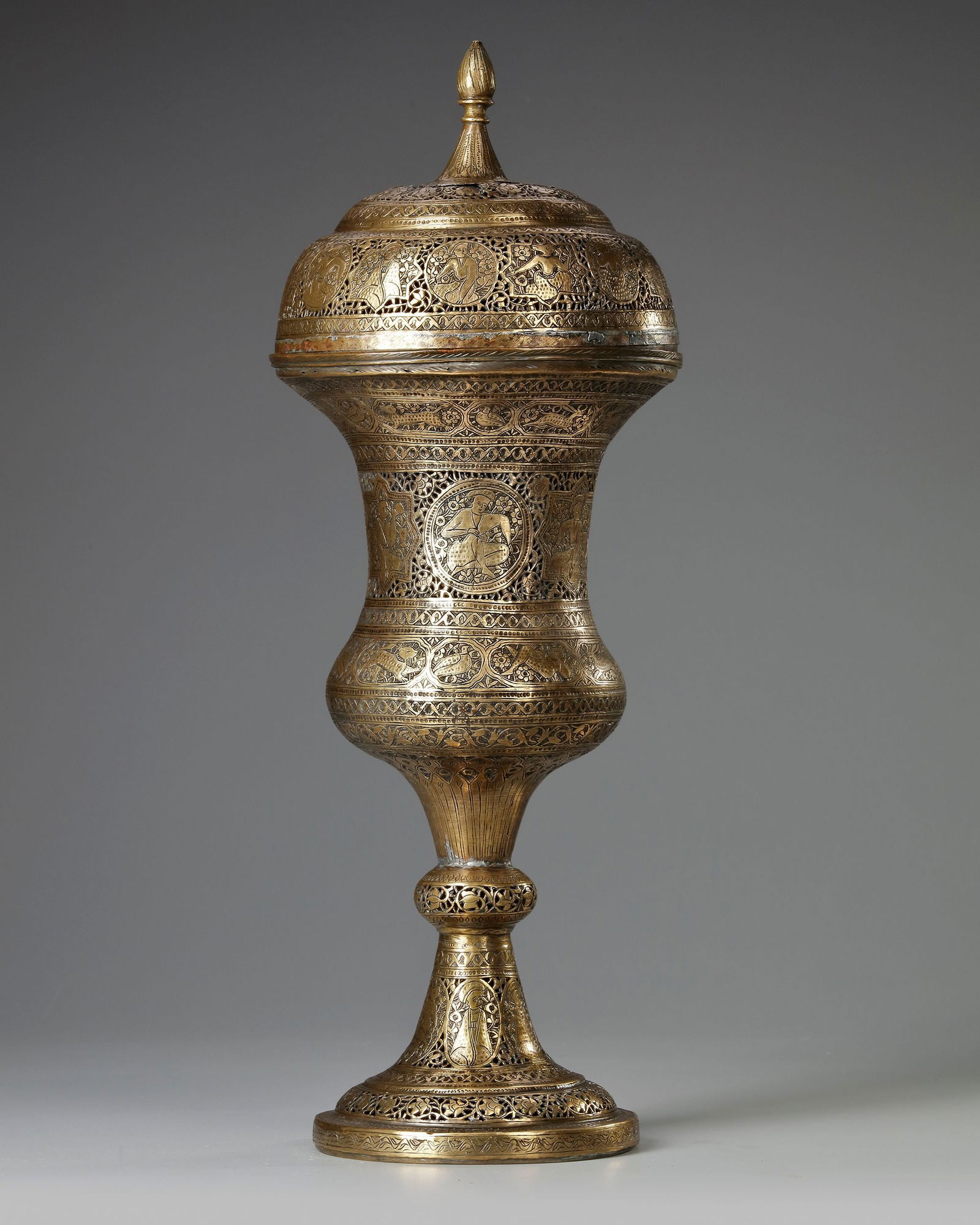 A LARGE PERSIAN BRASS INCENSE BURNER, QAJAR, 19TH CENTURY (1 of 4)