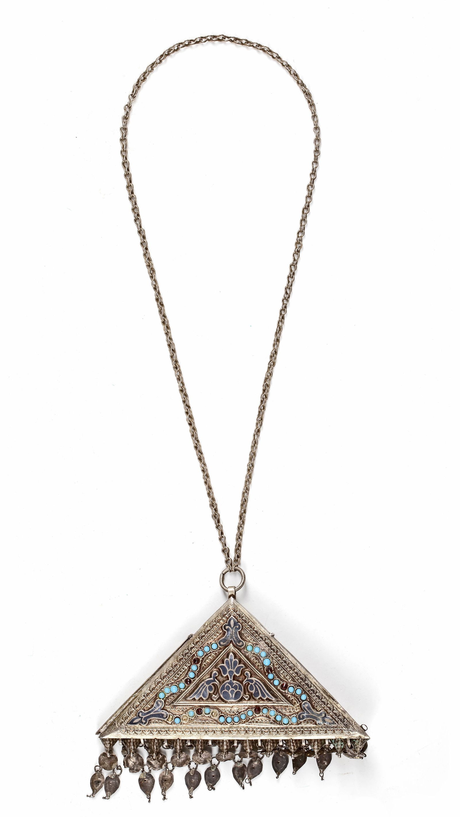 AN OTTOMAN SILVER NECKLACE, 19TH CENTURY: A striking 19th-century Ottoman silver necklace featuring a large triangular pendant richly decorated with enamel, turquoise, and red stones. The lower edge is adorned with multiple dangling pendants,