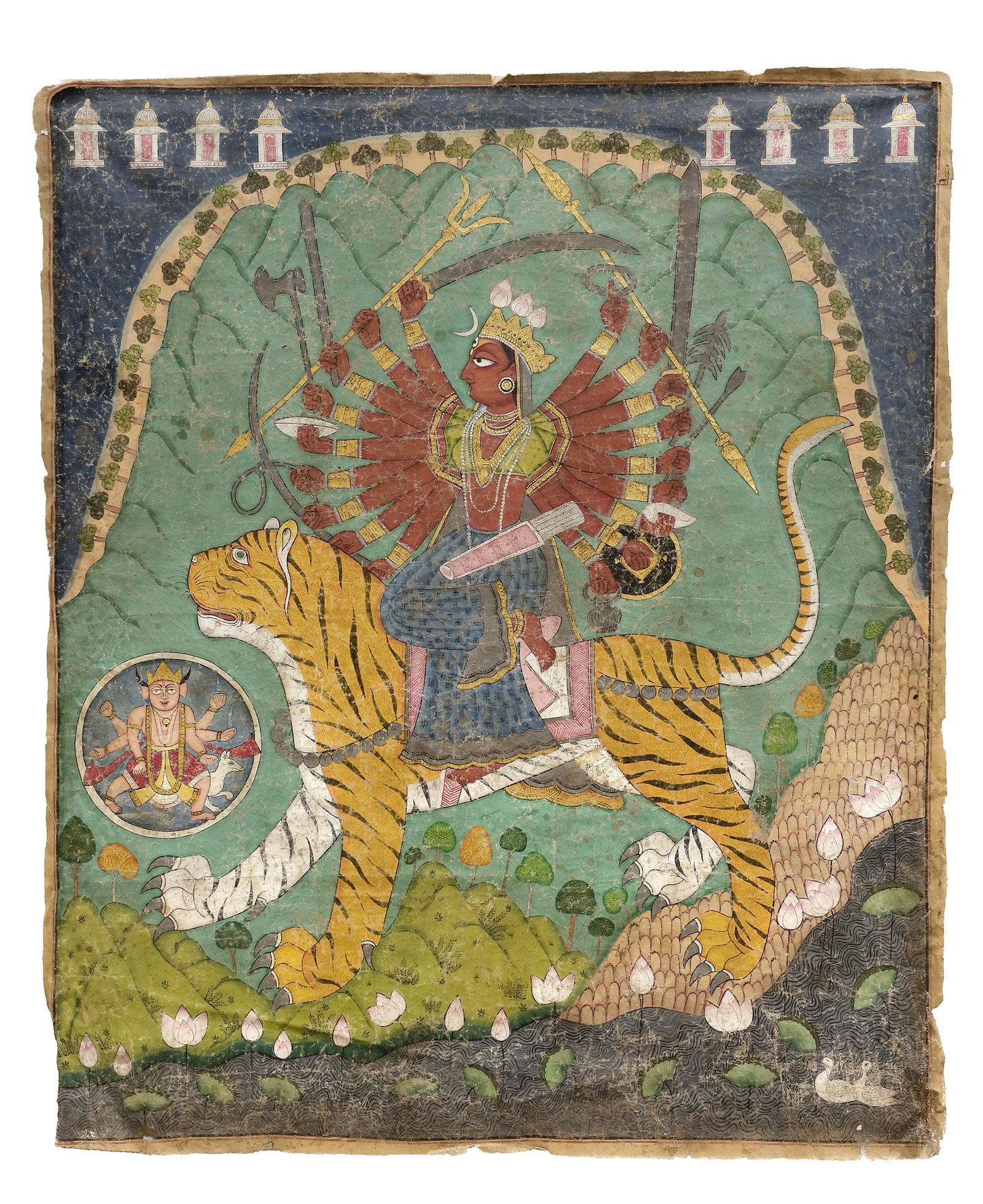 DIVINE FURY, GODDESS DURGA IN ETERNAL TRIUMPH, MANKOT, PAHARI, NORTH INDIA, 19TH CENTURY (1 of 1)