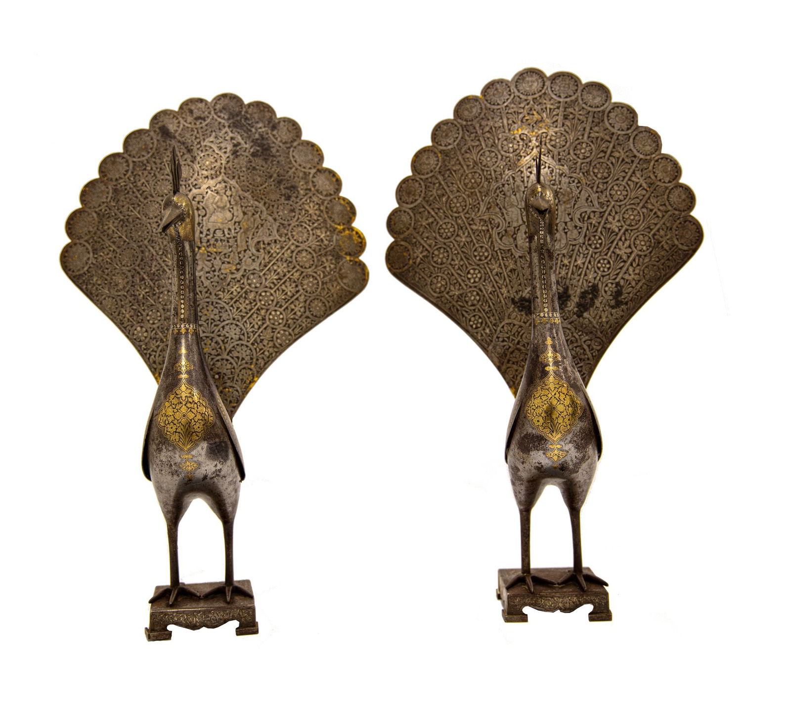 TWO PERSIAN STEEL PEACOCKS WITH GOLD AND SILVER INLAY EARLY 19TH CENTURY (1 of 5)