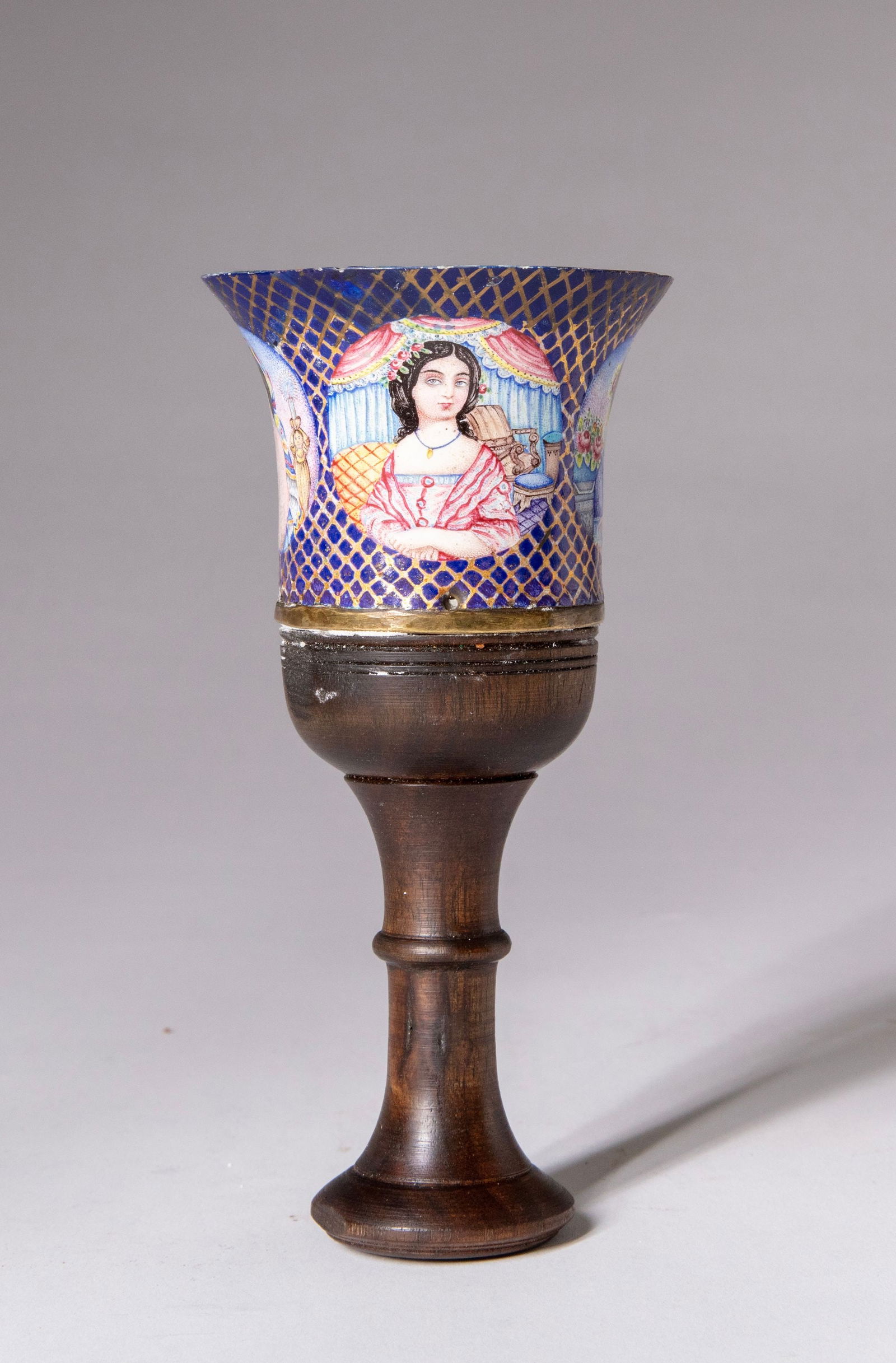 A QAJAR POLYCHROME ENAMELLED GHALIAN CUP, PERSIA, 19TH CENTURY (1 of 5)