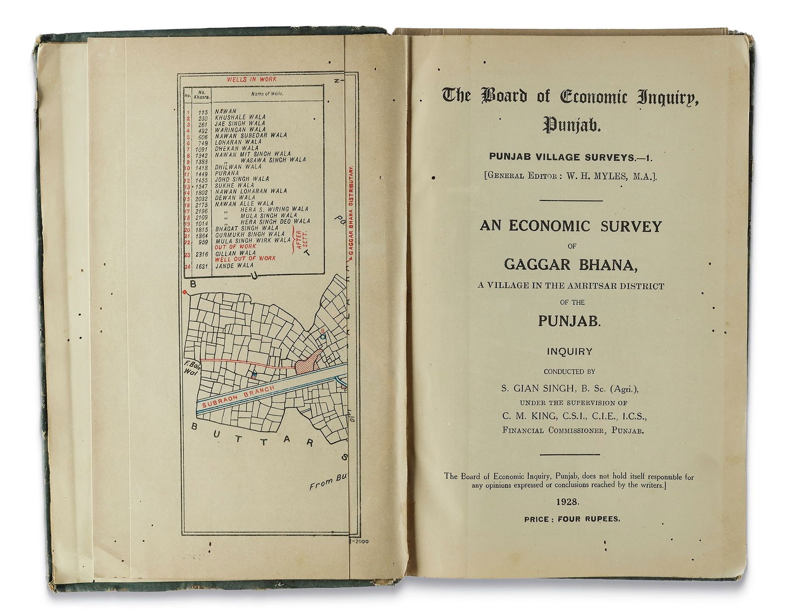 AN ECONOMIC SURVEY OF GAGGAR BHANA, A VILLAGE IN THE AMRITSAR DISTRICT OF THE PUNJAB, 1928: A printed book, 236 pages, used book. 17 by 25 cm