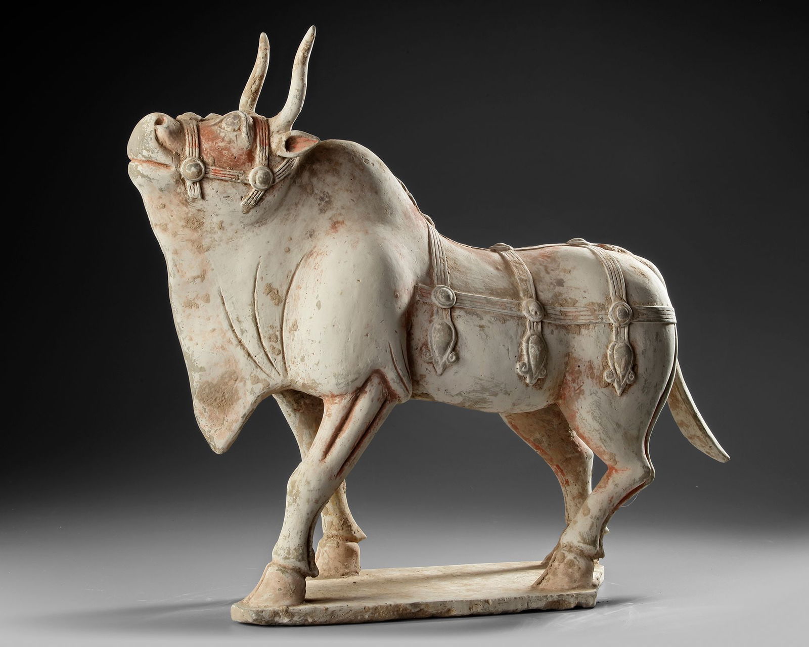 A VERY RARE LARGE OF A WALKING OX IN FULL HARNESS, CHINA, SIX DYNASTIES (220-582 AD): Height 42 cm. From nose to tail 53 cm. Oxford TL tested.Provenance: Private collection, The Netherlands.