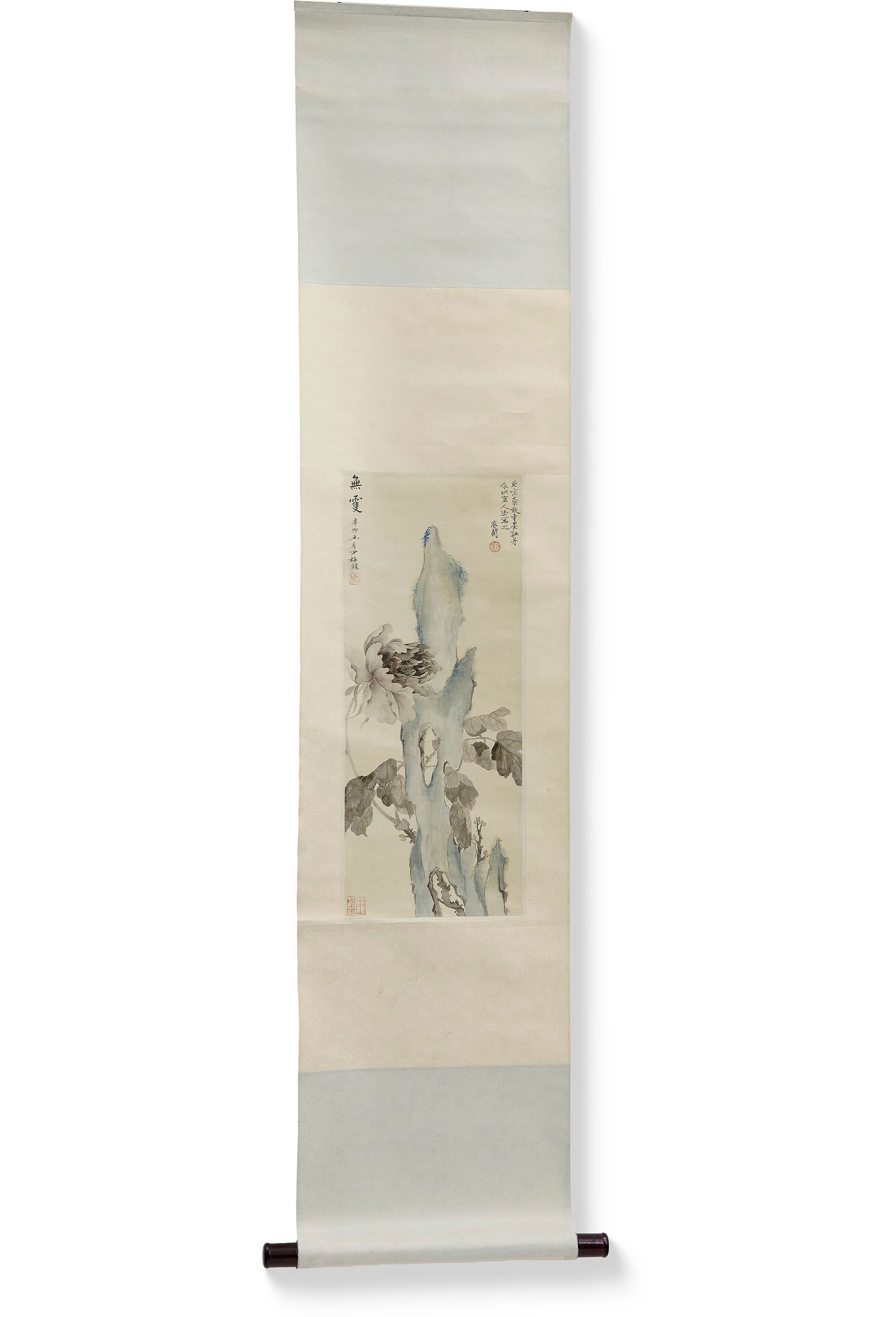 ROCK AND PEONY, TRADITIONAL CHINESE PAINTING: Traditional Chinese ink and color paintingThis elegant Chinese painting depicts a tall natural rock formation accompanied by a blooming peony and delicate foliage. The composition uses soft ink washes