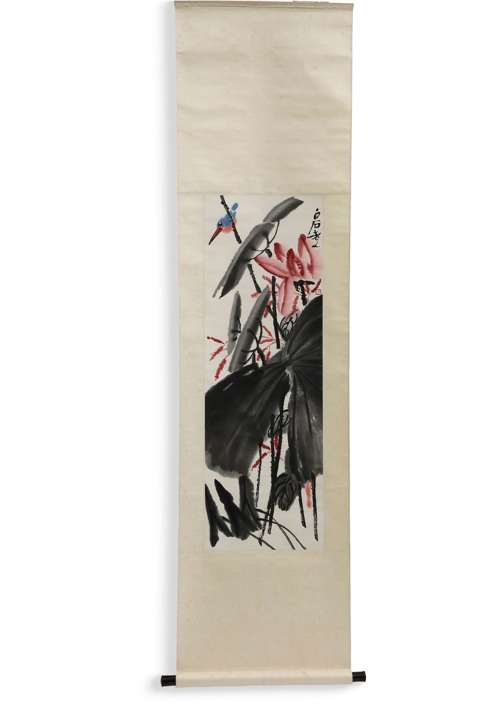 BIRDS AND LOTUS, HANGING SCROLL BY QI BAISHI, CHINA: Ink and color on paper, hanging scroll format.This elegant Chinese hanging scroll presents a lively bird perched among lotus leaves and blooming flowers. The composition is created with expressive ink
