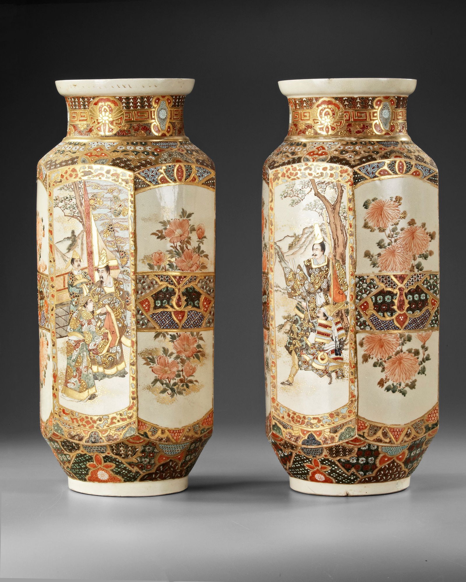 A PAIR OF LARGE JAPANESE OCTAGONAL SATSUMA VASES, MEIJI PERIOD (1868-1912) (1 of 3)
