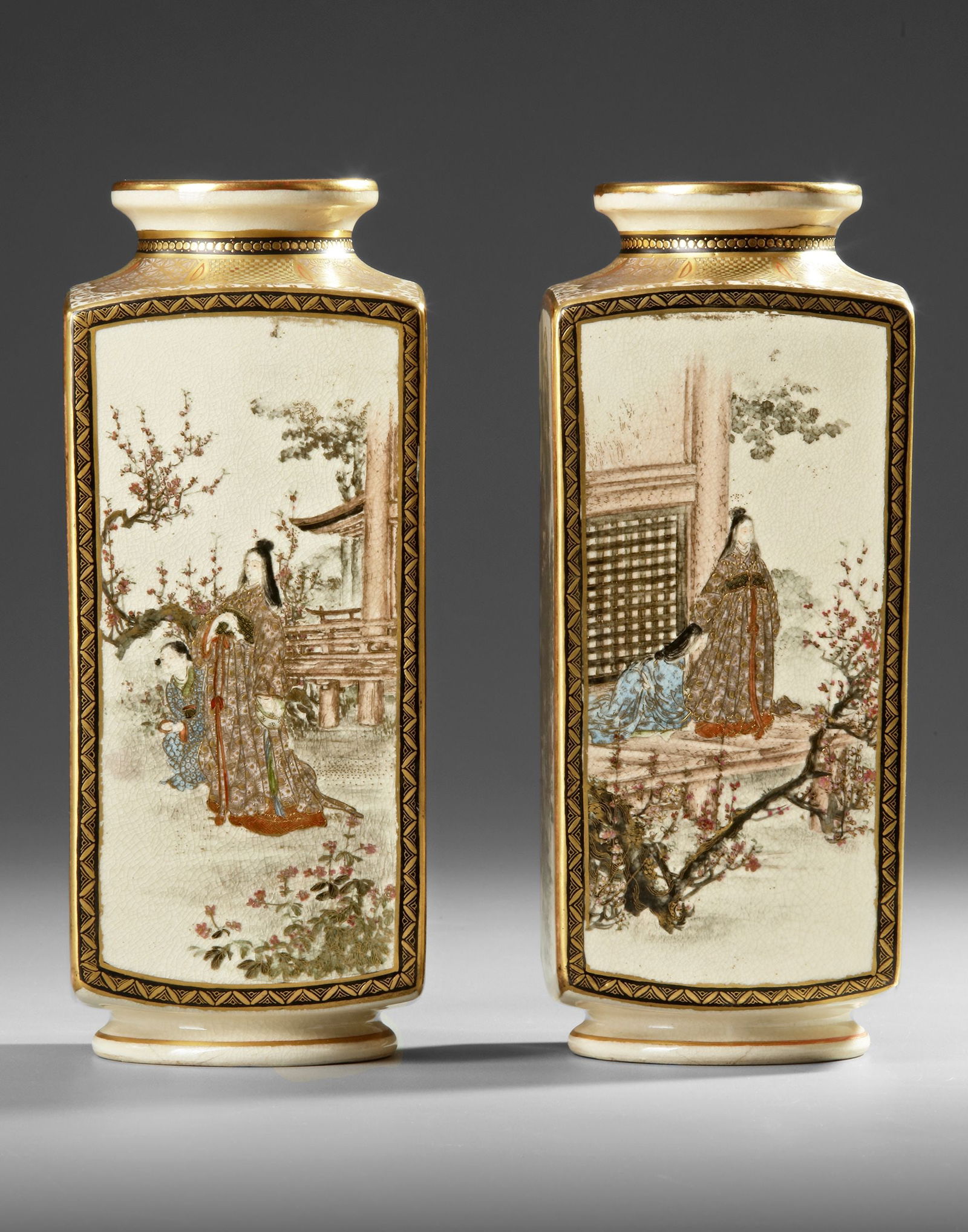 A PAIR OF JAPANESE SQUARE SHAPED SATSUMA VASES, MEIJI PERIOD (1868-1912) (1 of 6)