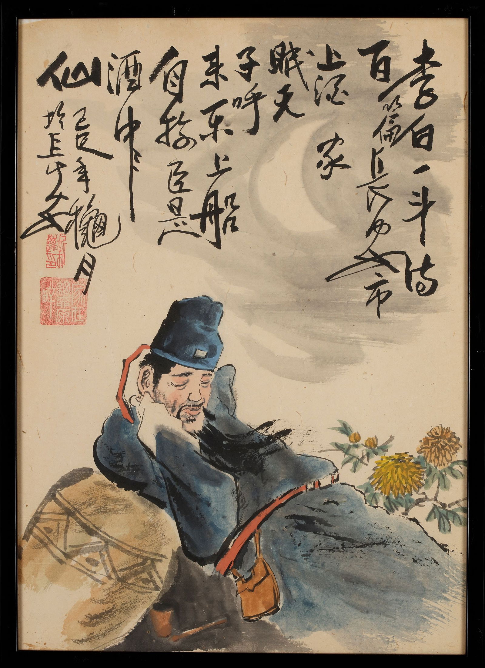 A CHINESE PAINTING DEPICTING THE FAMOUS CHINESE POET 'LI BAI' (ALSO KNOWN AS LI PO), 19TH CENTURY: One of the most important figures of the Tang Dynasty. He is renowned for his poetry, which often reflects the beauty of nature, the enjoyment of wine, and philosophical musings. In this image, Li Bai