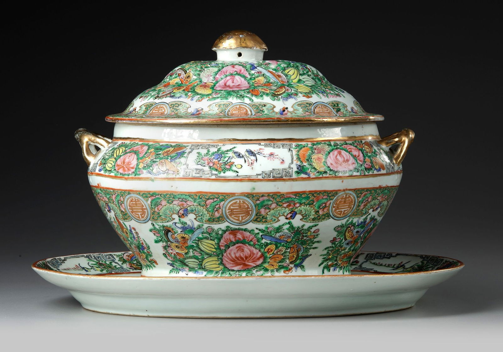 A CANTONESE FAMILLE ROSE TUREEN, COVER AND STAND, 19TH CENTURY (1 of 6)