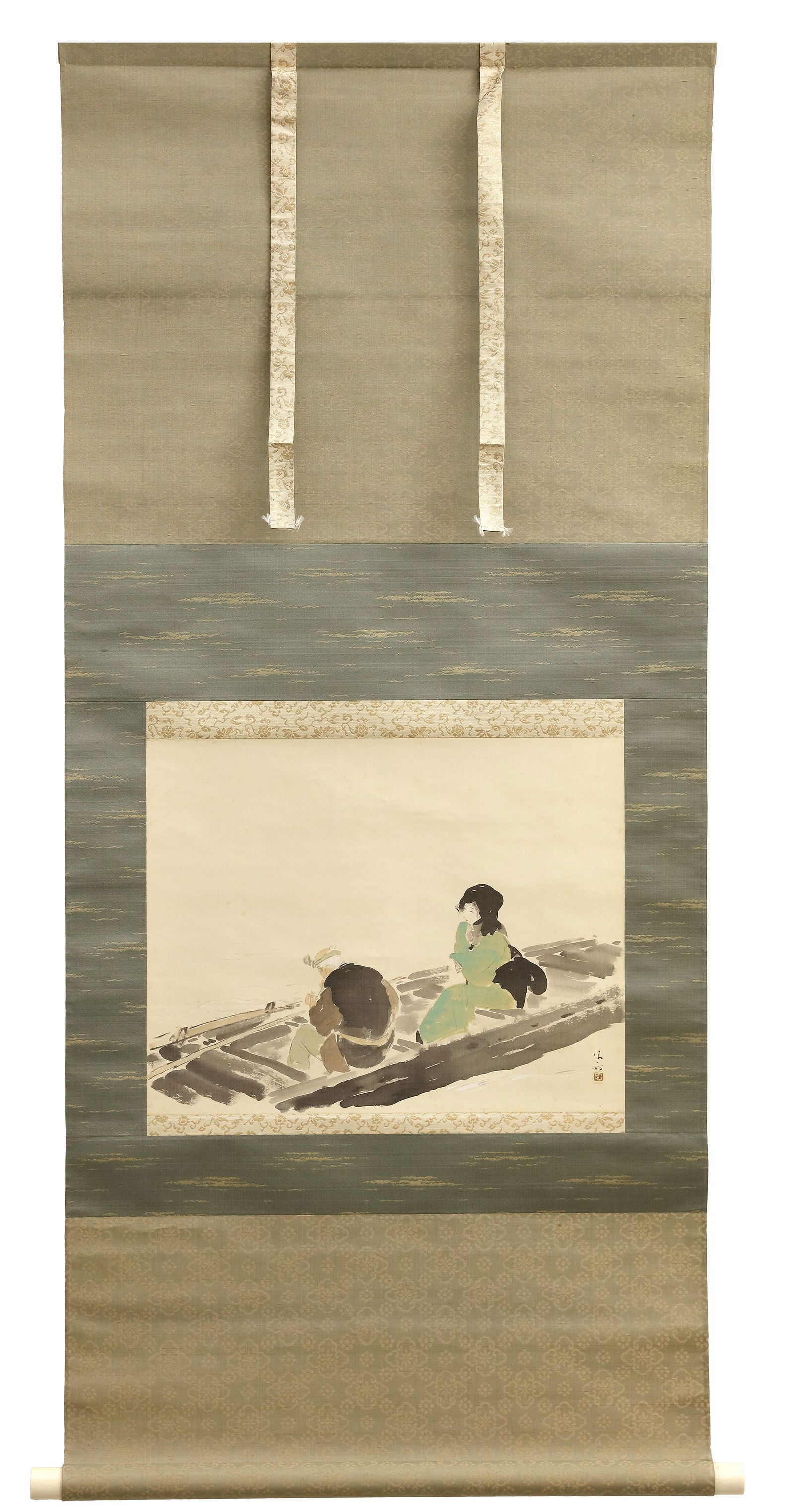 A JAPANESE SCROLL, KABURAGI KIYOKATA (1878-1973): Signed, colors on silk, circa 1940. Painting: 33 by 41.5 cm. Mounting: 125.3 by 56 cm.Kaburagi Kiyokata was one of Tsukioka Yoshitoshi's last students, and after Yoshitoshi's death in 1892 he continue